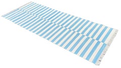Handmade Cotton Area Flat Weave Runner, 3x20 Blue, White Striped Indian Dhurrie