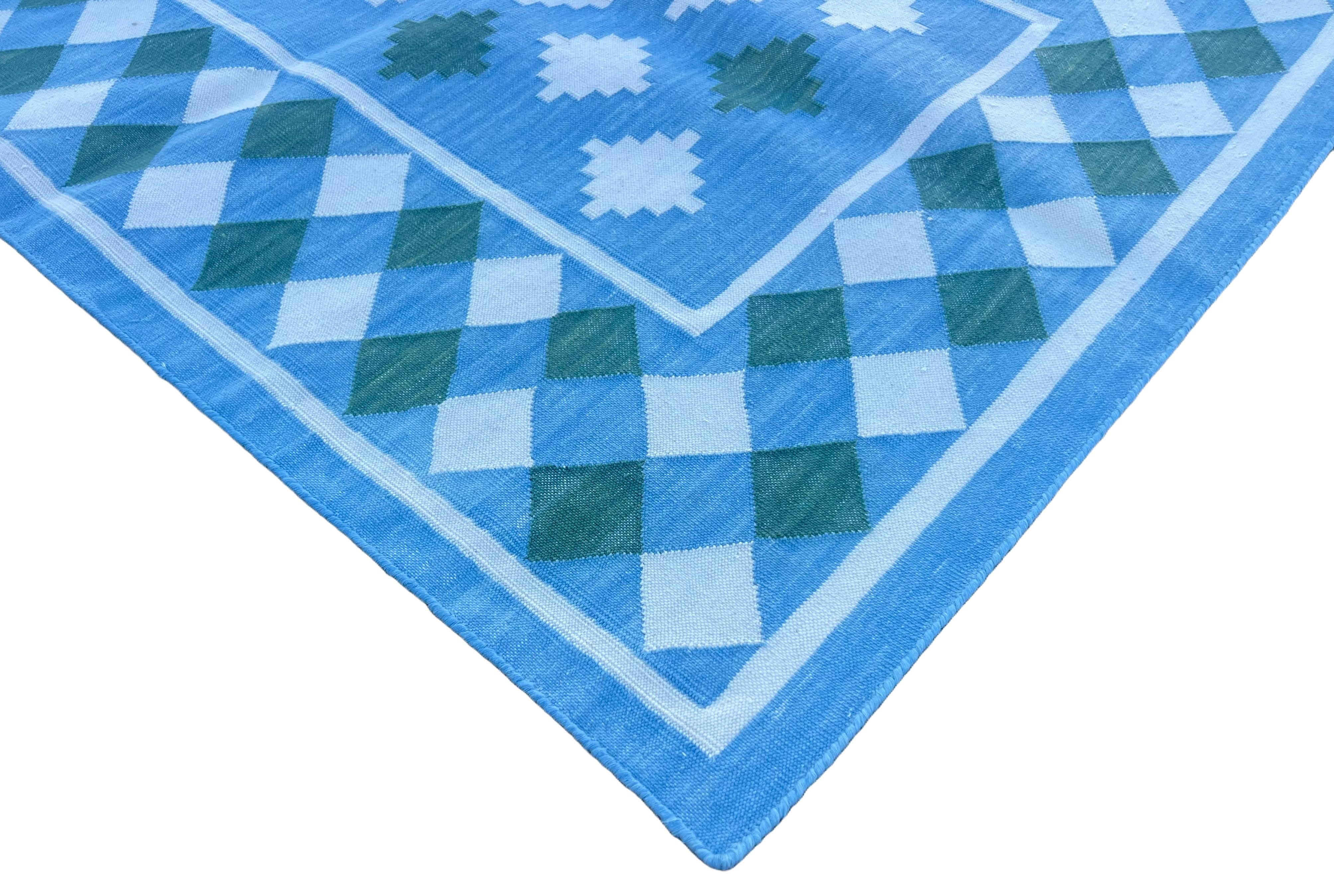 Alfombra Tejida a Mano de Algodón, 3x8 Cuadros Azules y Verdes Dhurrie Indio en venta 4