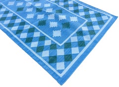 Handmade Cotton Area Flat Weave Runner, 3x8 Blue And Green Check Indian Dhurrie