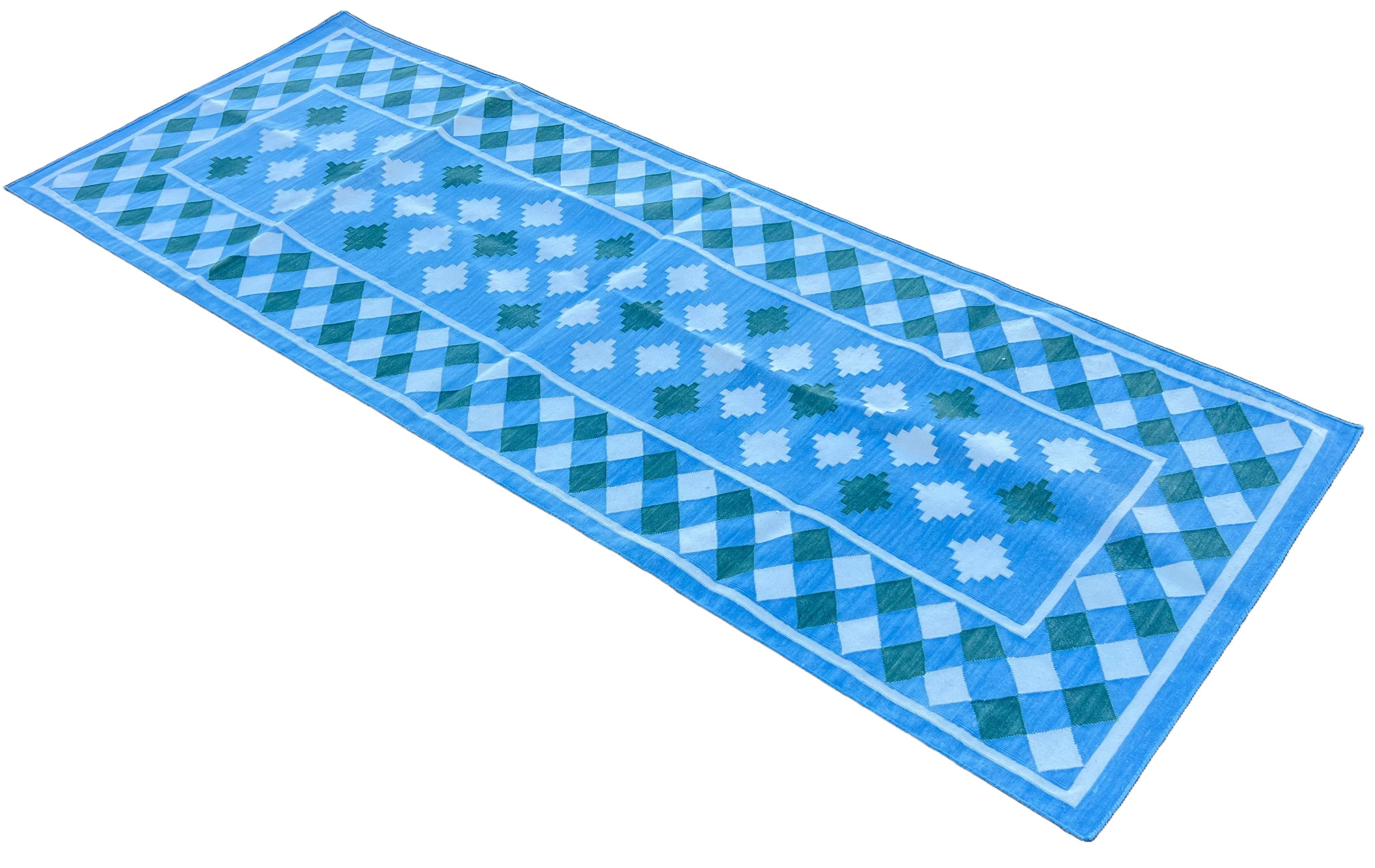 Alfombra Tejida a Mano de Algodón, 3x8 Cuadros Azules y Verdes Dhurrie Indio Tejido a mano en venta