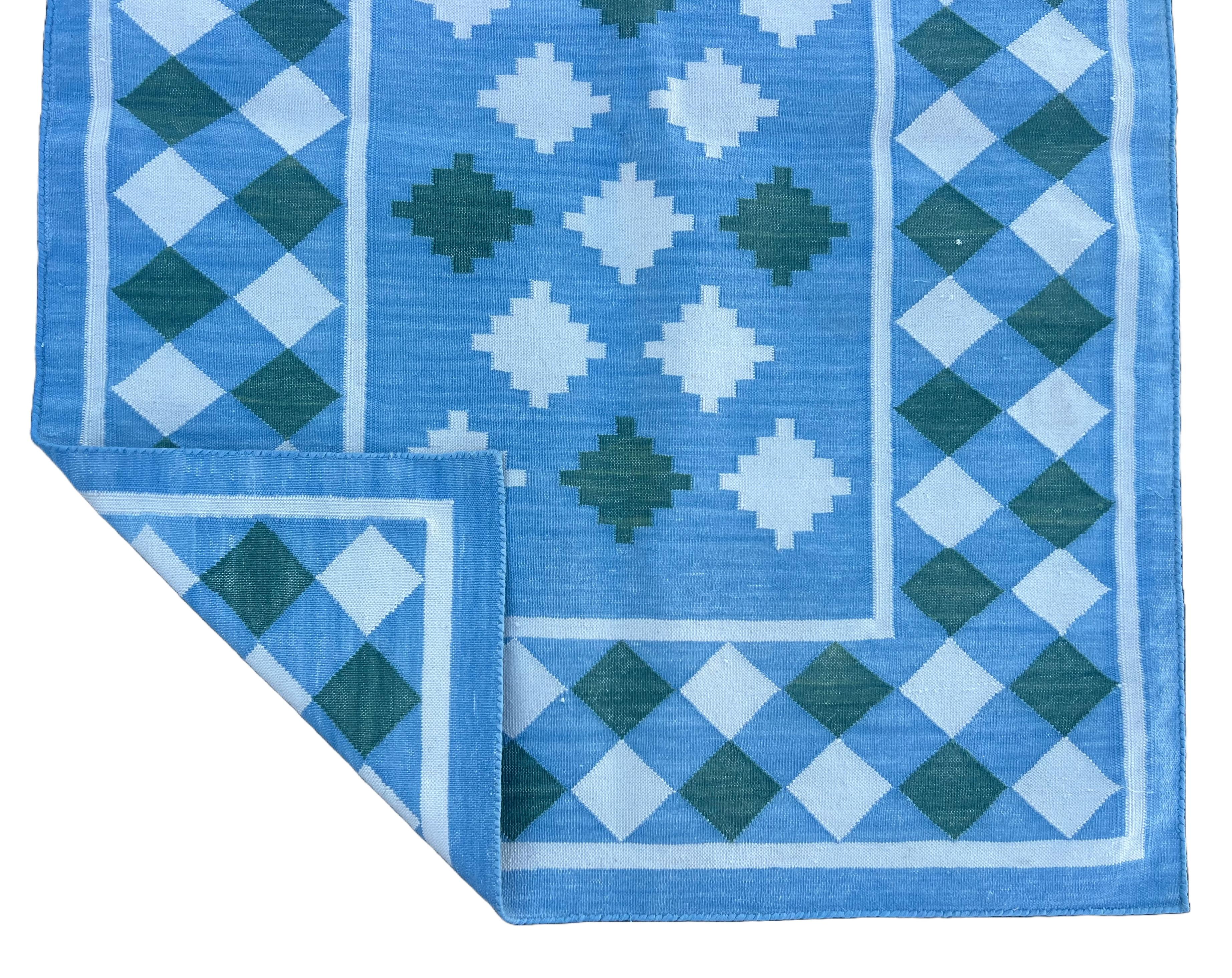 Alfombra Tejida a Mano de Algodón, 3x8 Cuadros Azules y Verdes Dhurrie Indio en venta 2