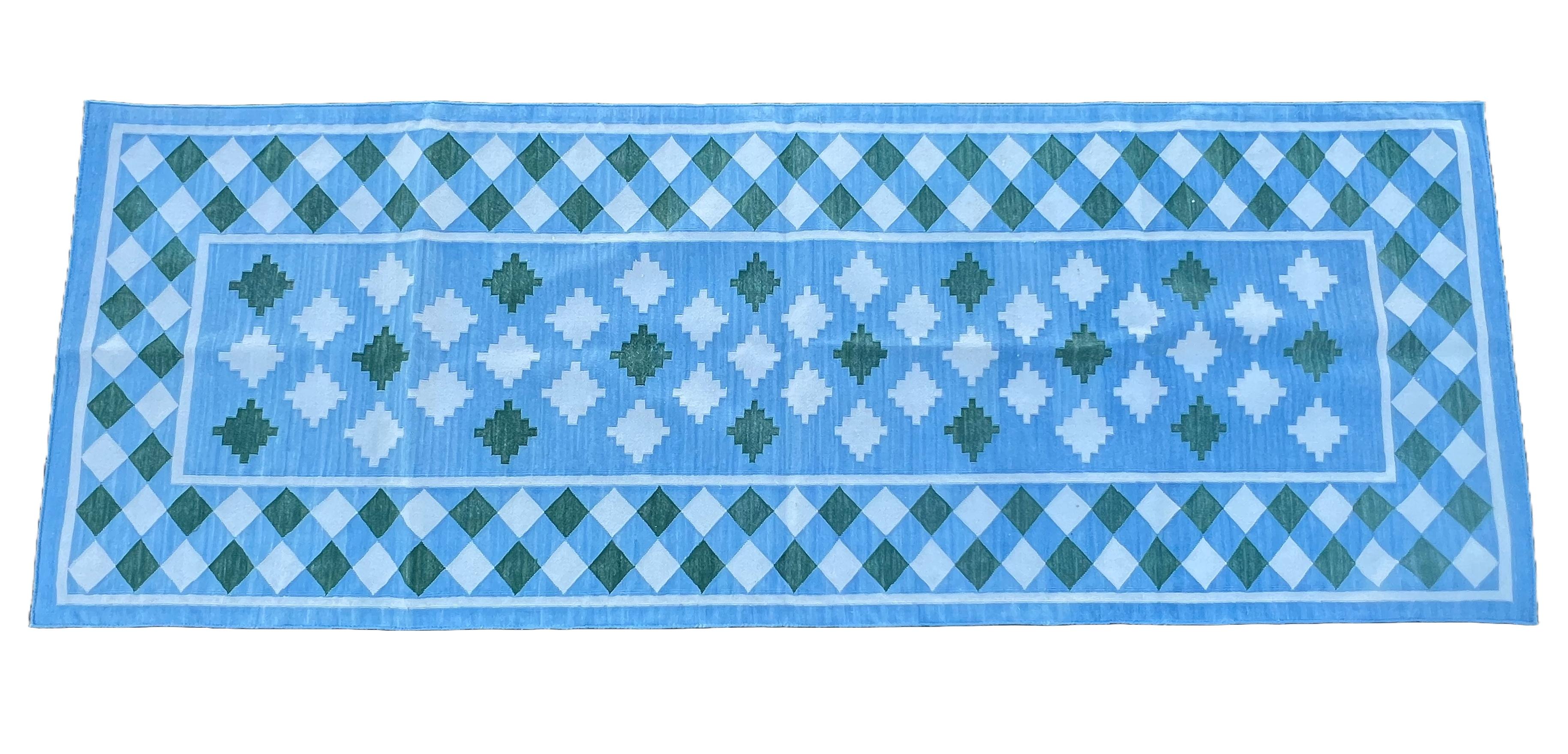 Alfombra Tejida a Mano de Algodón, 3x8 Cuadros Azules y Verdes Dhurrie Indio en venta 3