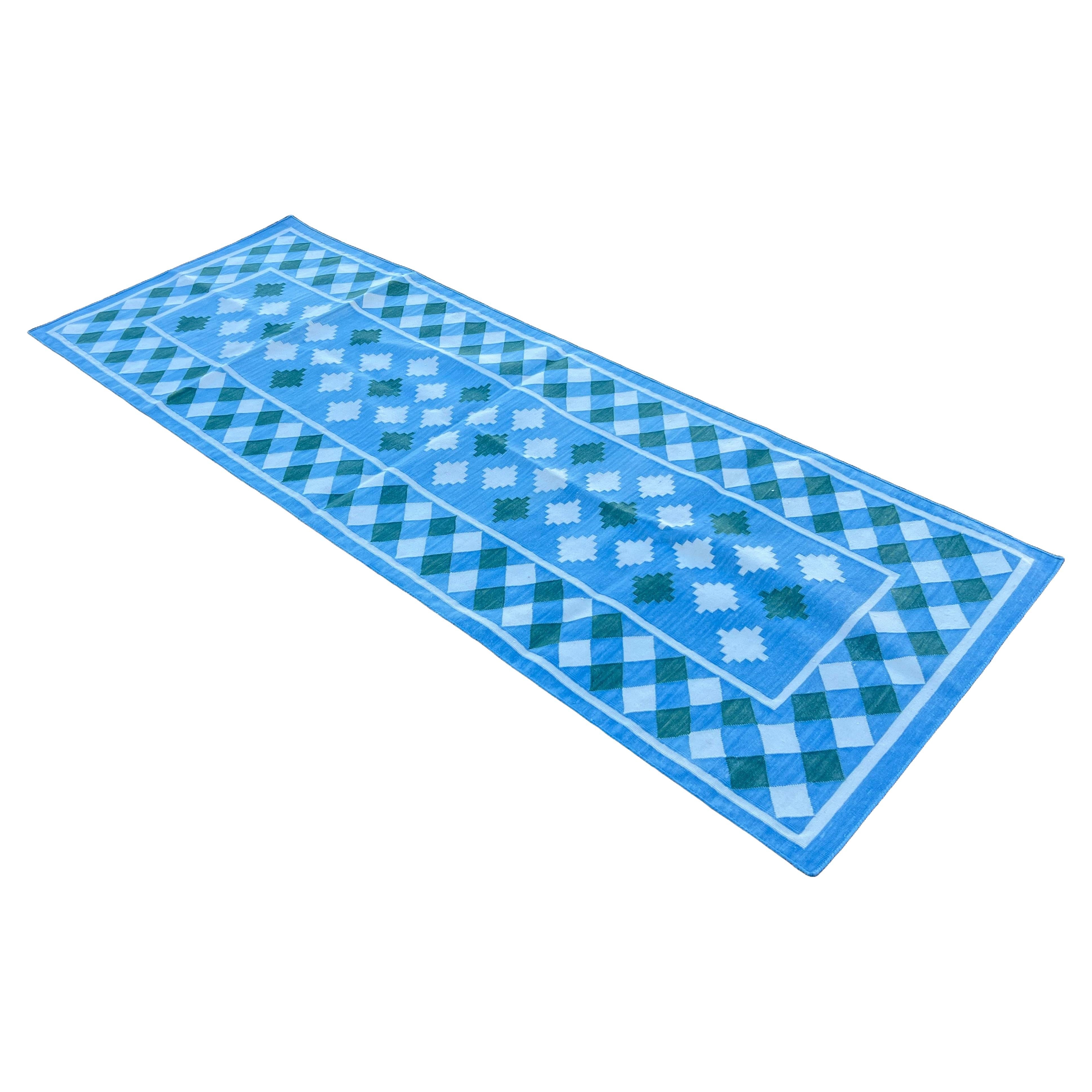 Handmade Cotton Area Flat Weave Runner, 3x8 Blue And Green Check Indian Dhurrie