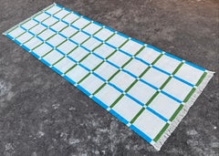 Handmade Cotton Area Flat Weave Runner, 3x8 Cream & Green Checked Indian Dhurrie