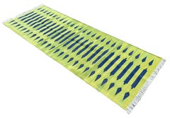 Handmade Cotton Area Flat Weave Runner, 3x8 Green And Blue Stripe Indian Dhurrie