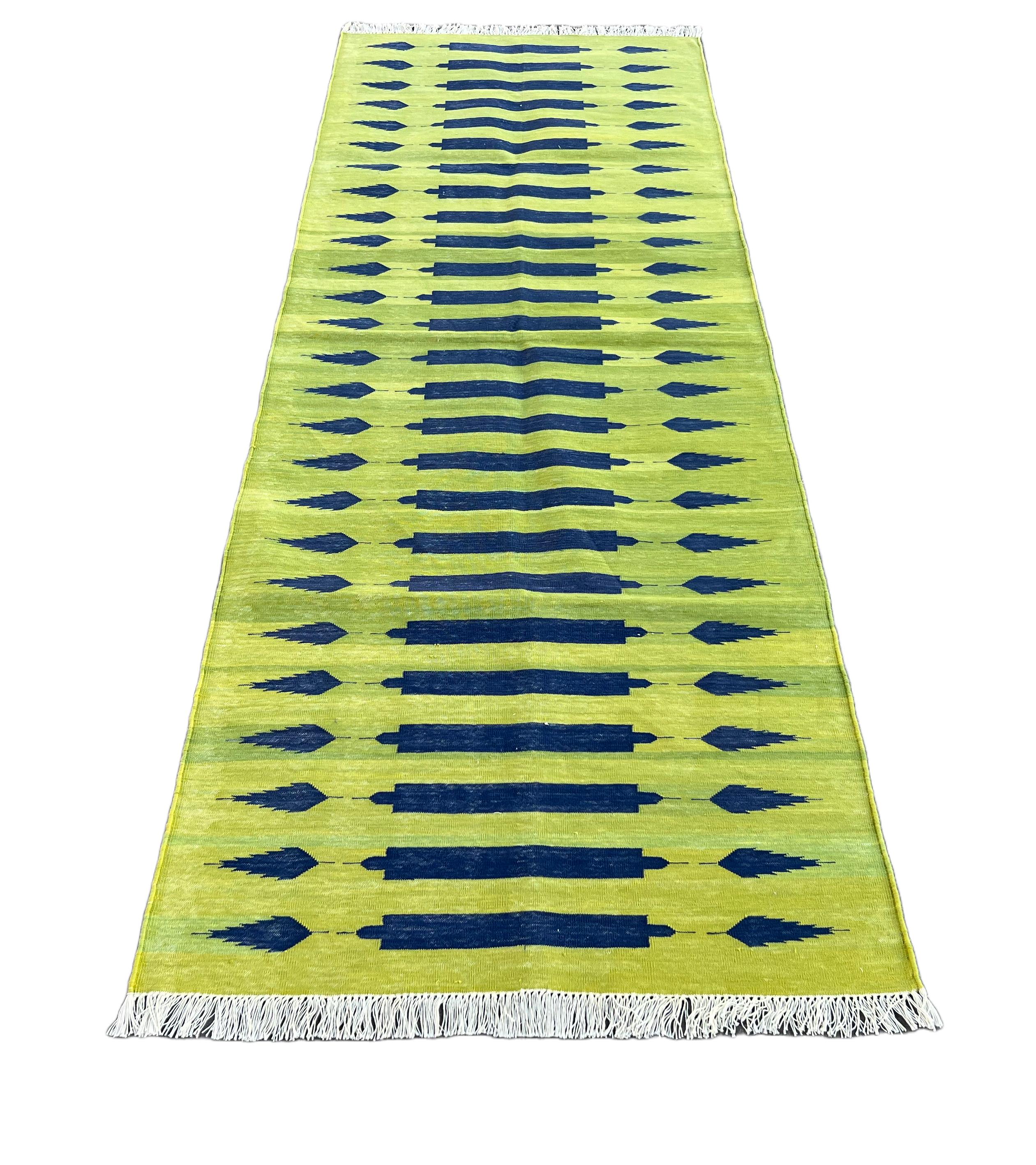Contemporary Handmade Cotton Area Flat Weave Runner, 3x8 Green And Blue Stripe Indian Dhurrie For Sale