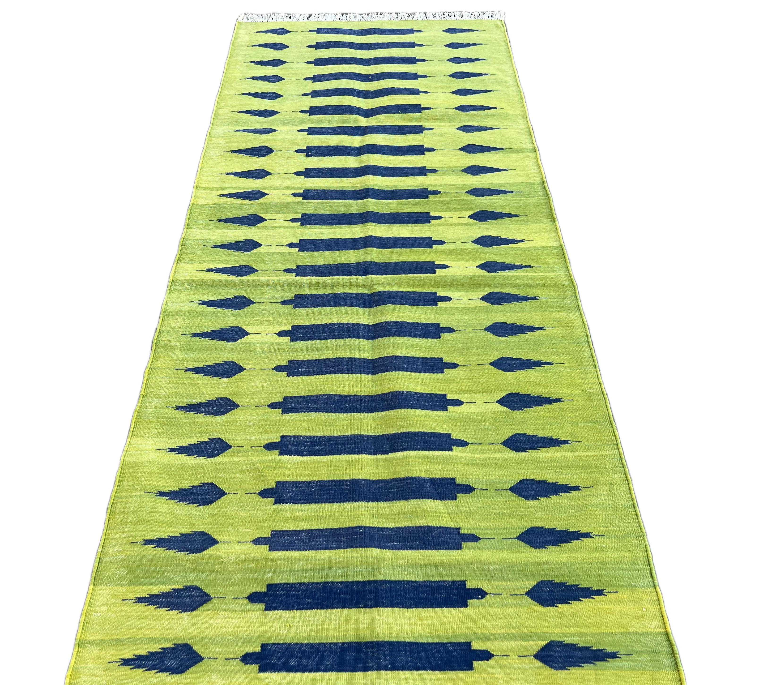 Handmade Cotton Area Flat Weave Runner, 3x8 Green And Blue Stripe Indian Dhurrie For Sale 1