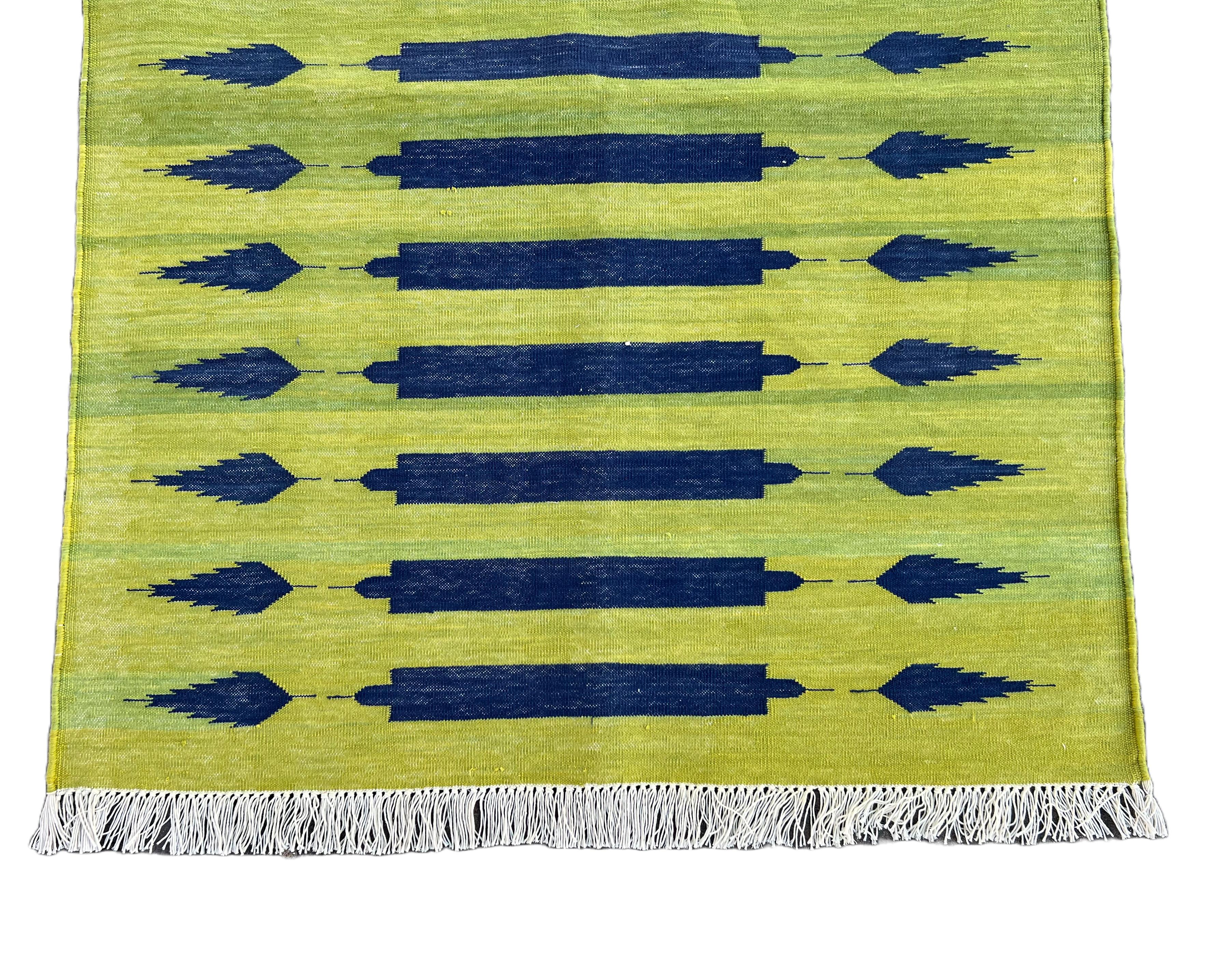 Handmade Cotton Area Flat Weave Runner, 3x8 Green And Blue Stripe Indian Dhurrie For Sale 2
