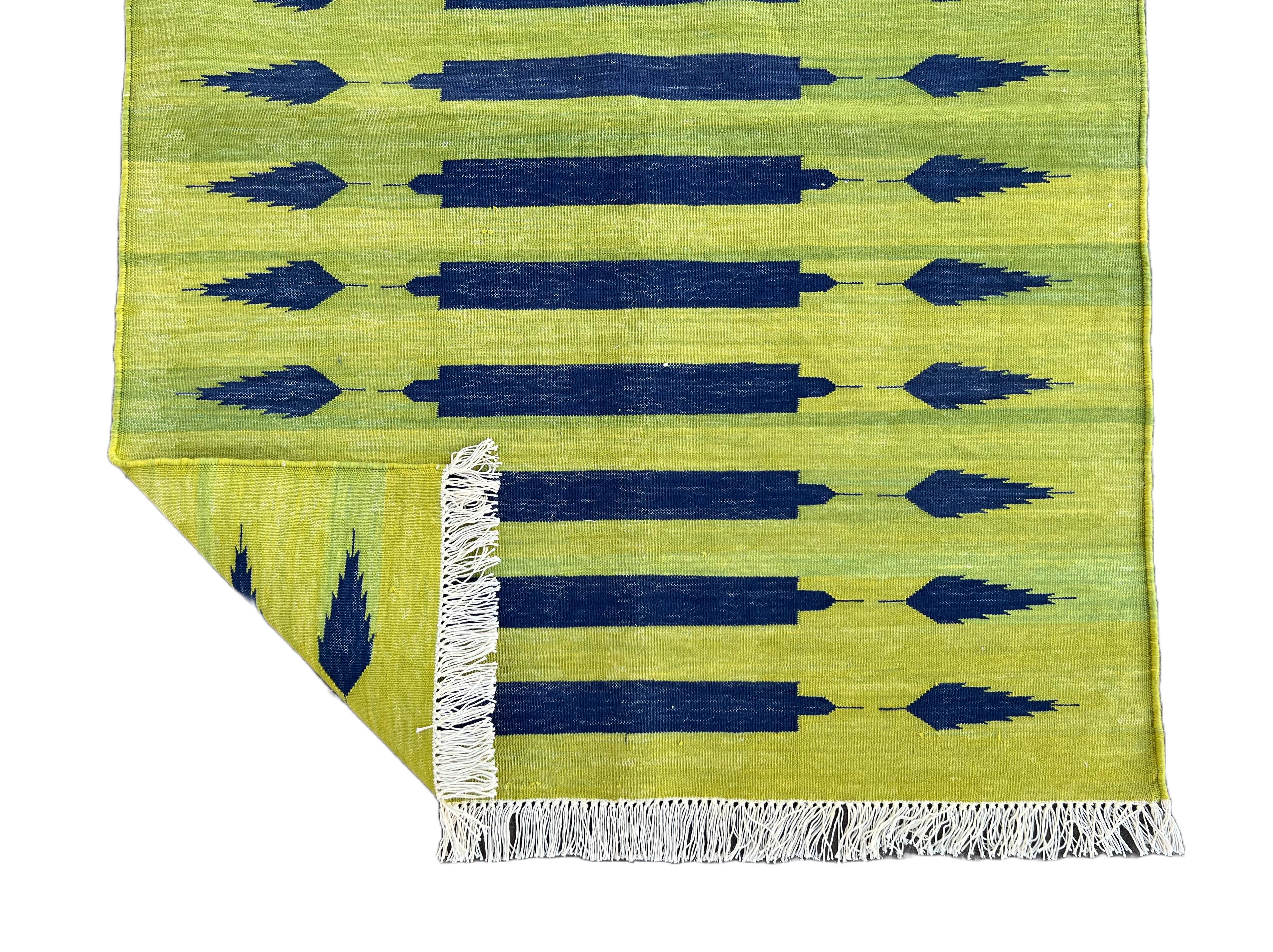 Handmade Cotton Area Flat Weave Runner, 3x8 Green And Blue Stripe Indian Dhurrie For Sale 3