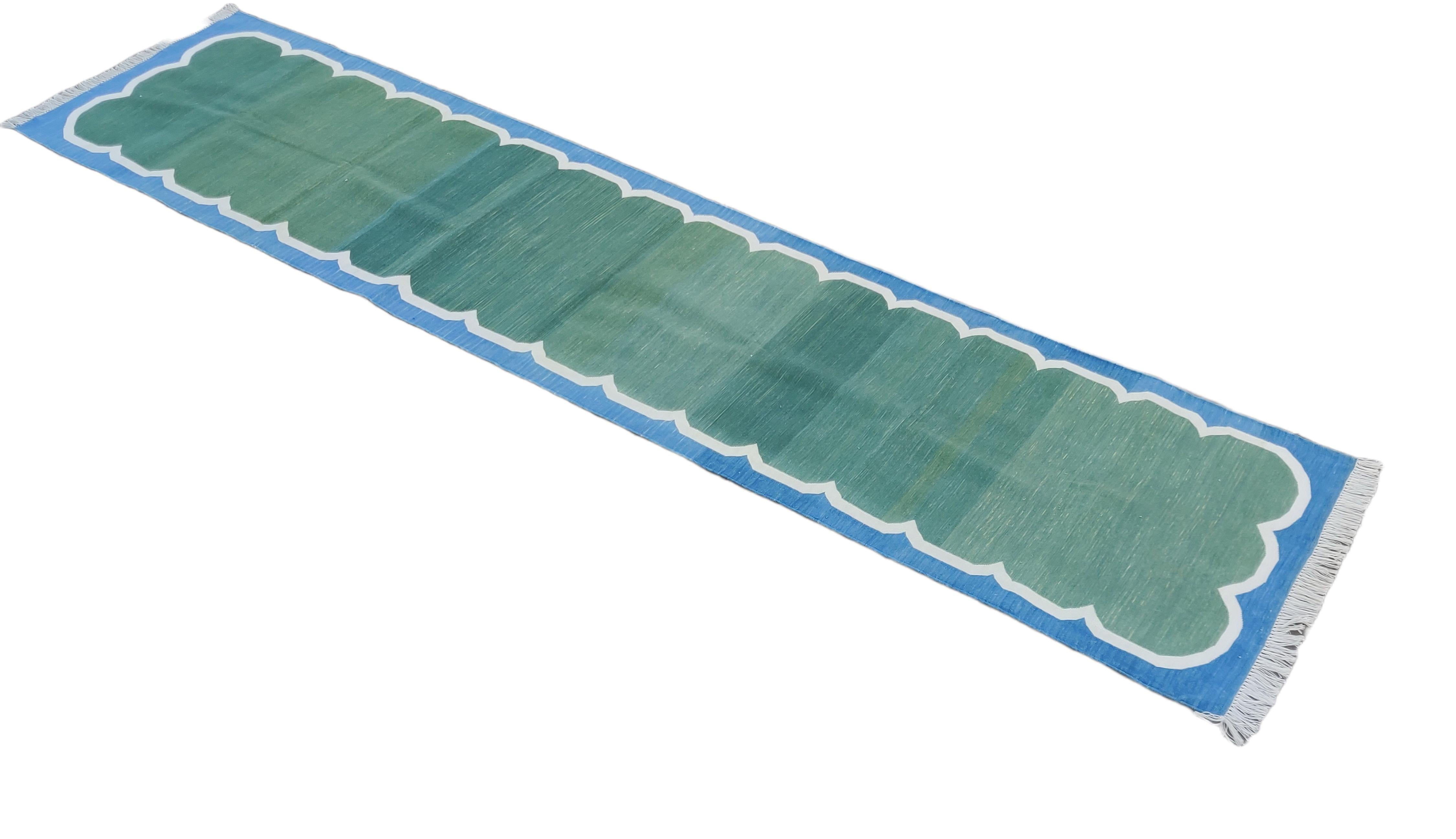 Handmade Cotton Area Flat Weave Runner, 3x8 Green, Blue Scalloped Indian Dhurrie For Sale 4
