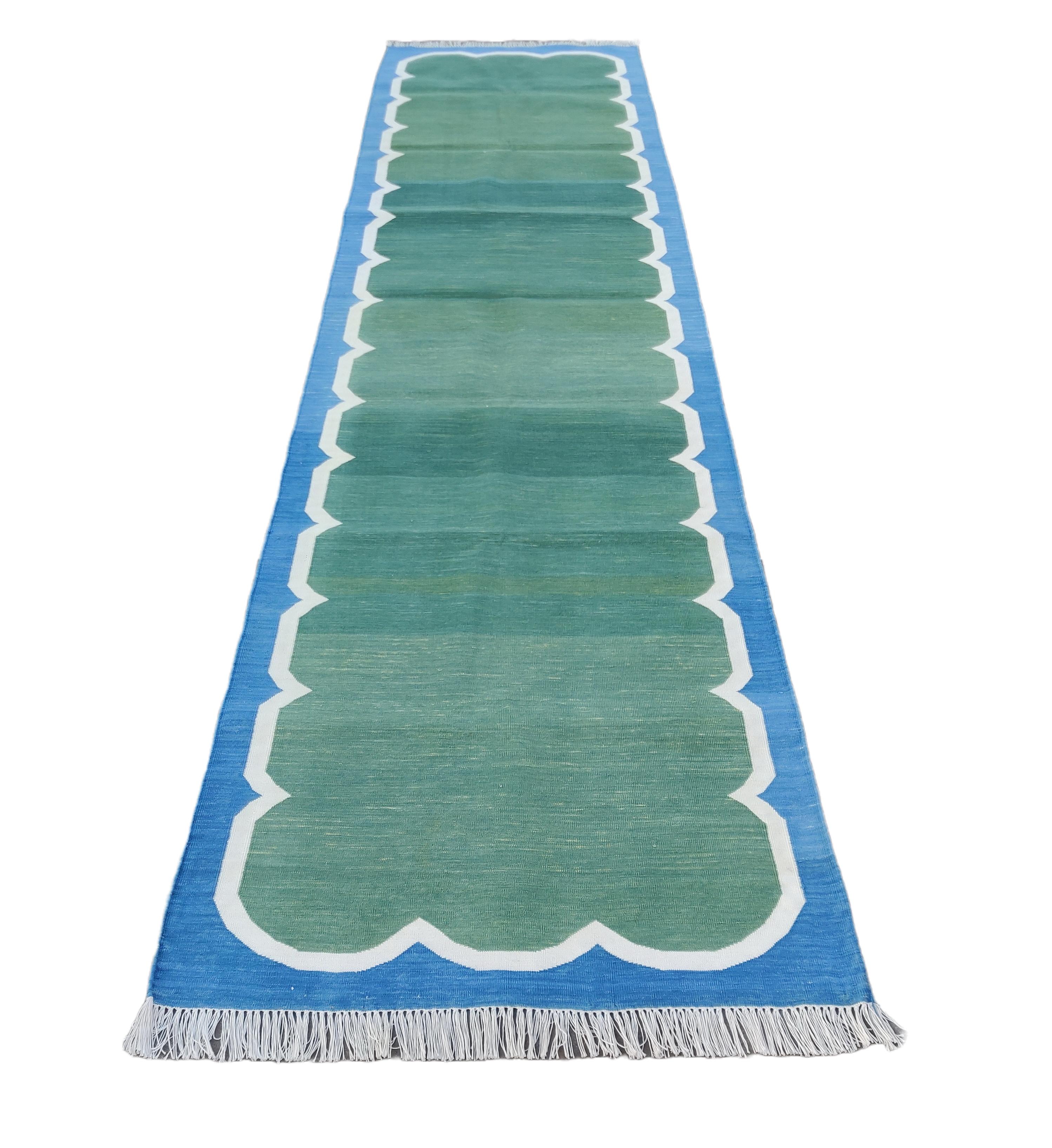 Handmade Cotton Area Flat Weave Runner, 3x8 Green, Blue Scalloped Indian Dhurrie For Sale 1