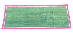 Handmade Cotton Area Flat Weave Runner, 3x8 Green, Pink Bordered Indian Dhurrie