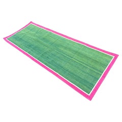 Handmade Cotton Area Flat Weave Runner, 3x8 Green, Pink Bordered Indian Dhurrie
