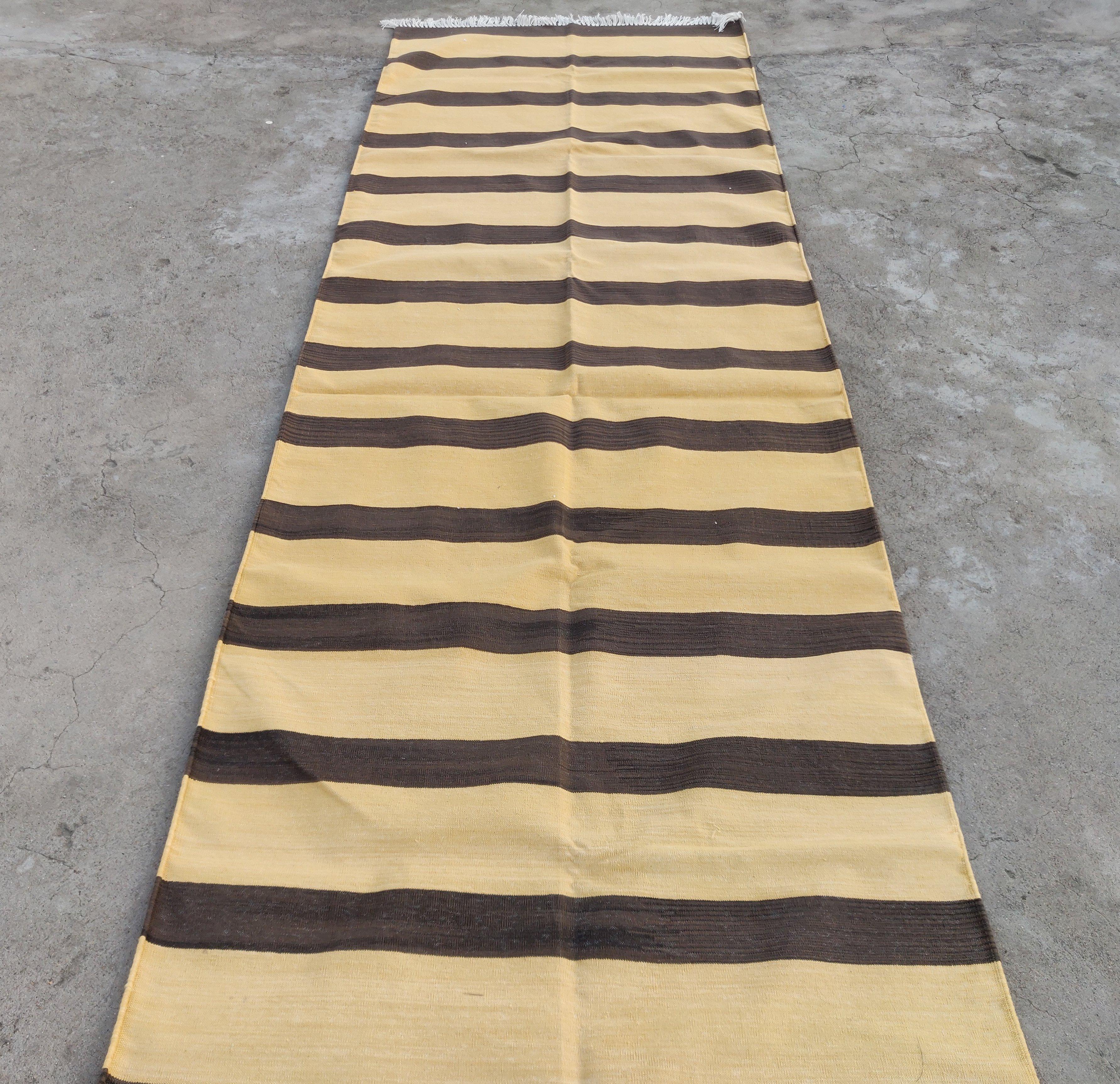 Cotton Natural Vegetable Dyed, Yellow And Brown Striped Indian Dhurrie Runner-40