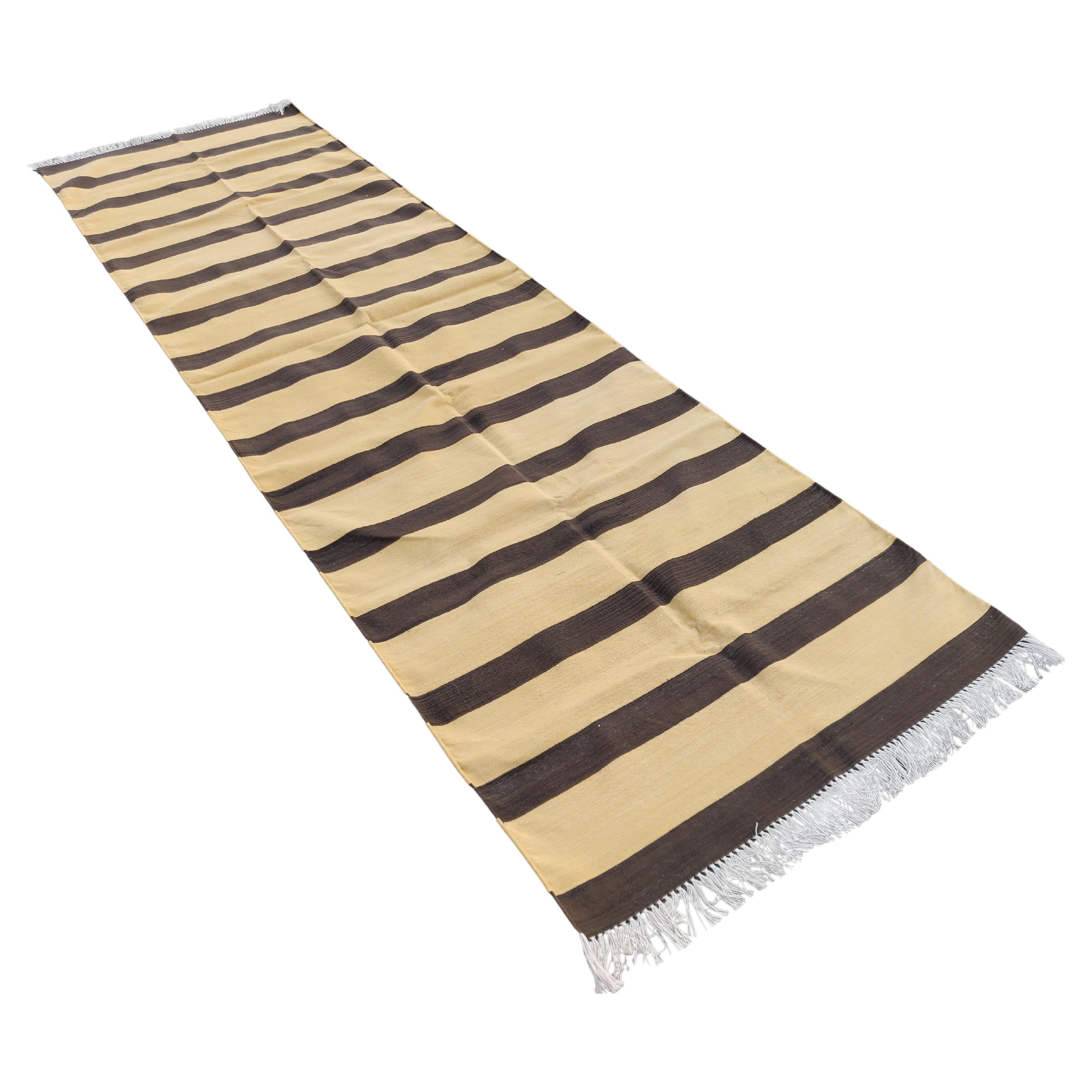 Handmade Cotton Area Flat Weave Runner, 40"x140" Brown Striped Indian Dhurrie For Sale