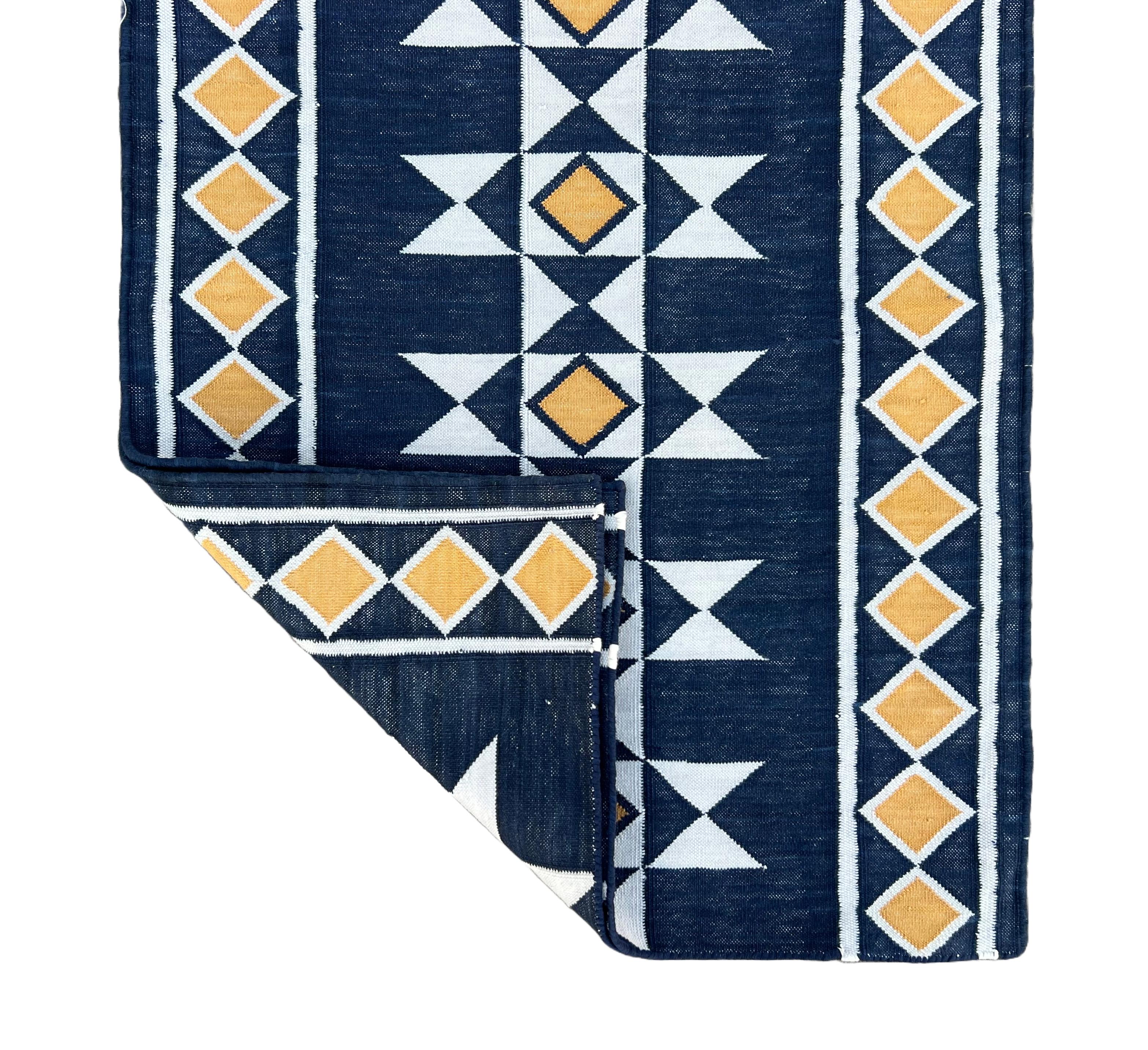 Handmade Cotton Area Flat Weave Runner, Blue And Yellow Geometric Indian Dhurrie For Sale 4