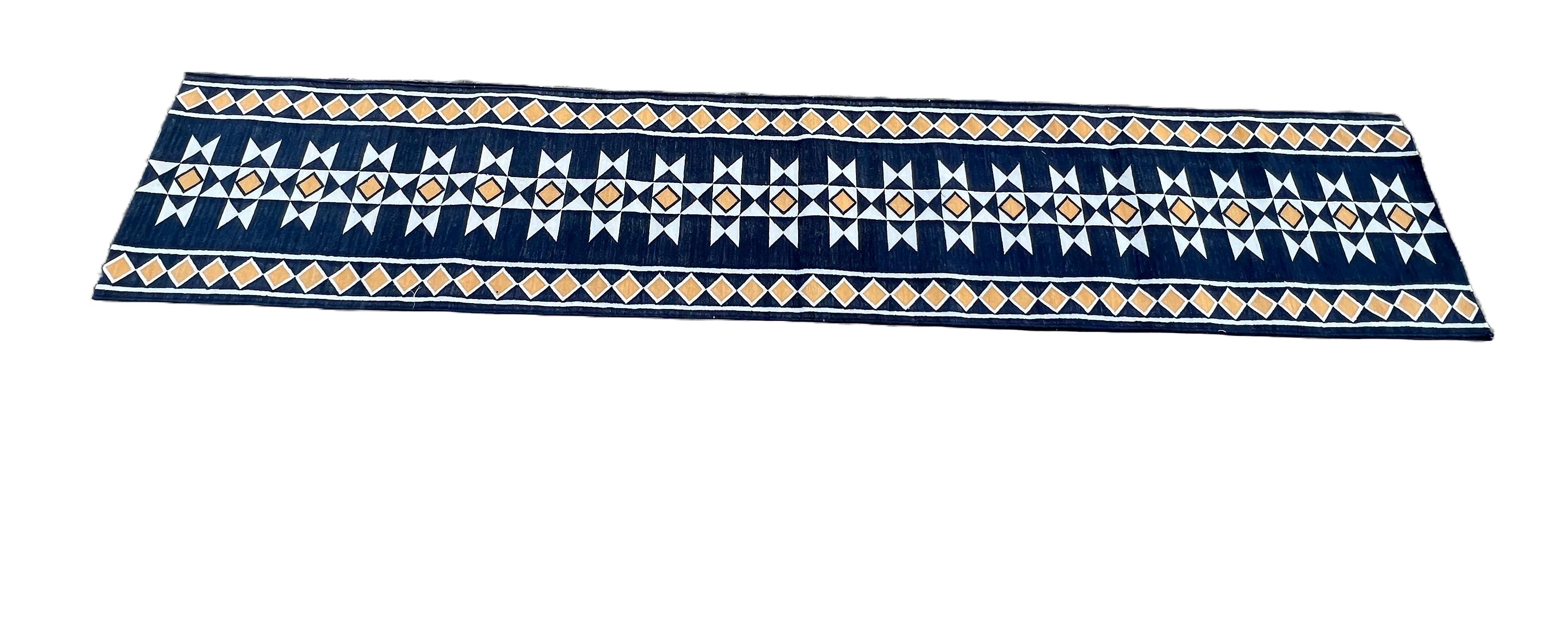 Mid-Century Modern Handmade Cotton Area Flat Weave Runner, Blue And Yellow Geometric Indian Dhurrie For Sale