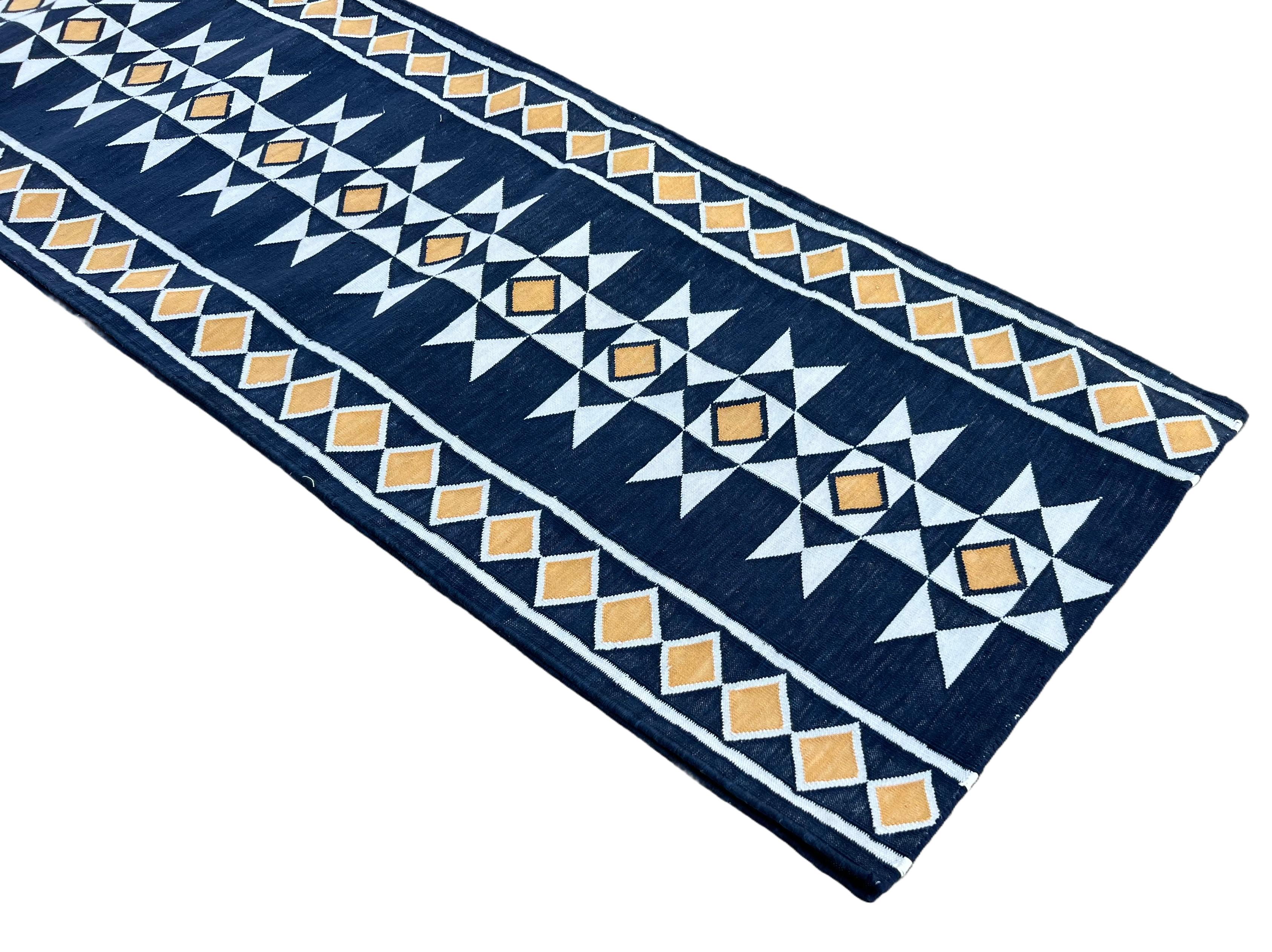 Contemporary Handmade Cotton Area Flat Weave Runner, Blue And Yellow Geometric Indian Dhurrie For Sale