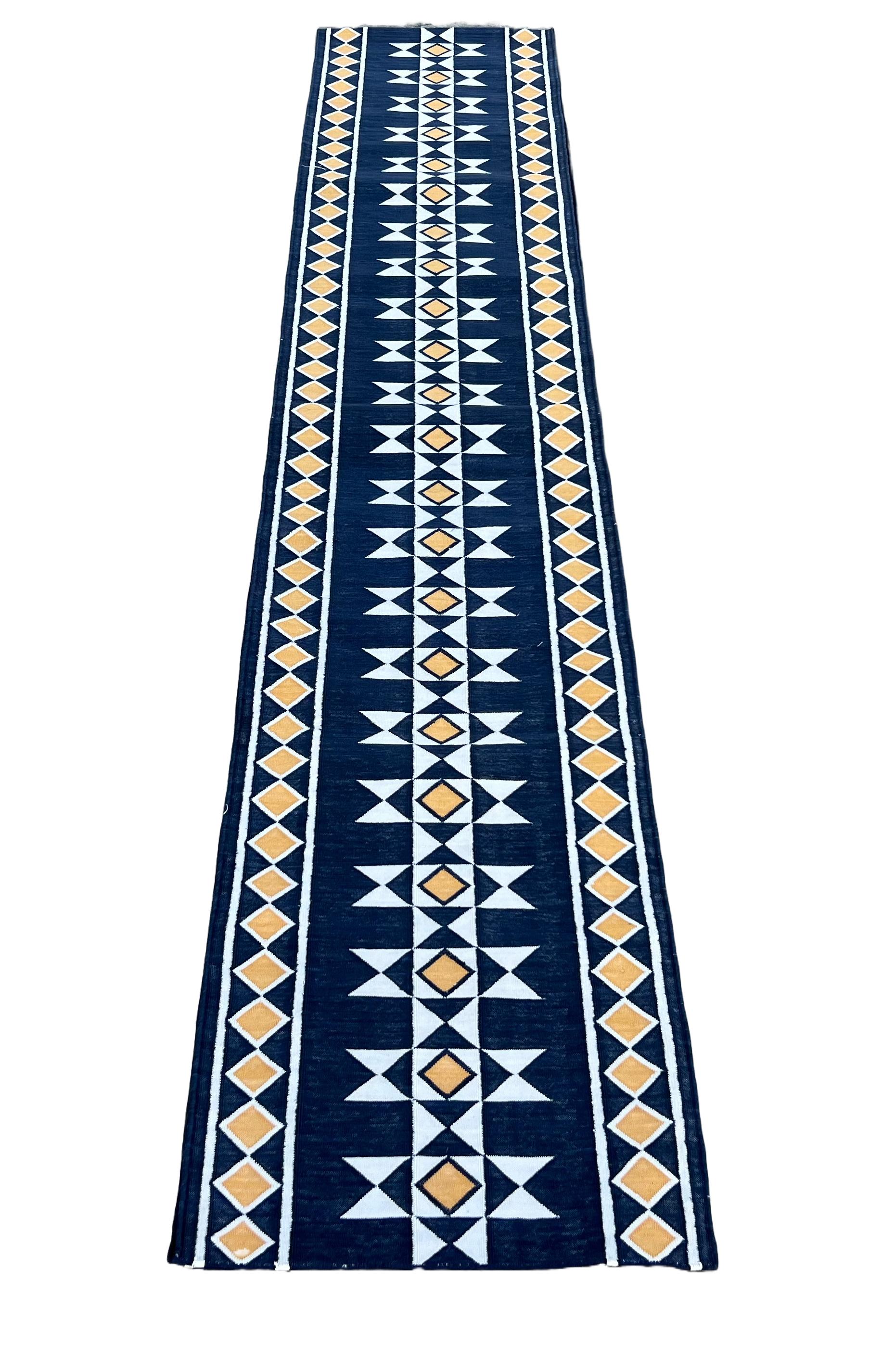 Handmade Cotton Area Flat Weave Runner, Blue And Yellow Geometric Indian Dhurrie For Sale 1