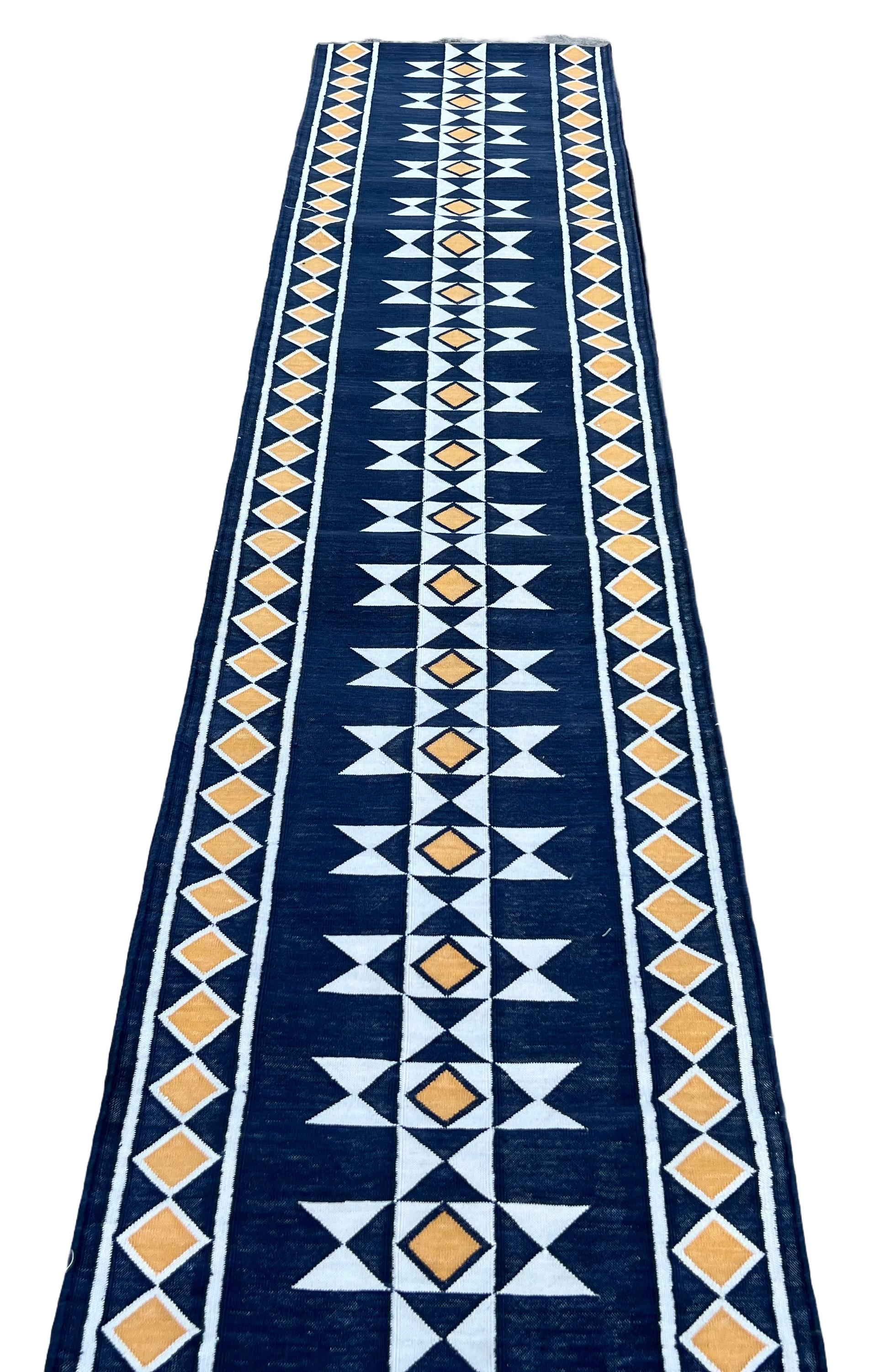 Handmade Cotton Area Flat Weave Runner, Blue And Yellow Geometric Indian Dhurrie For Sale 2