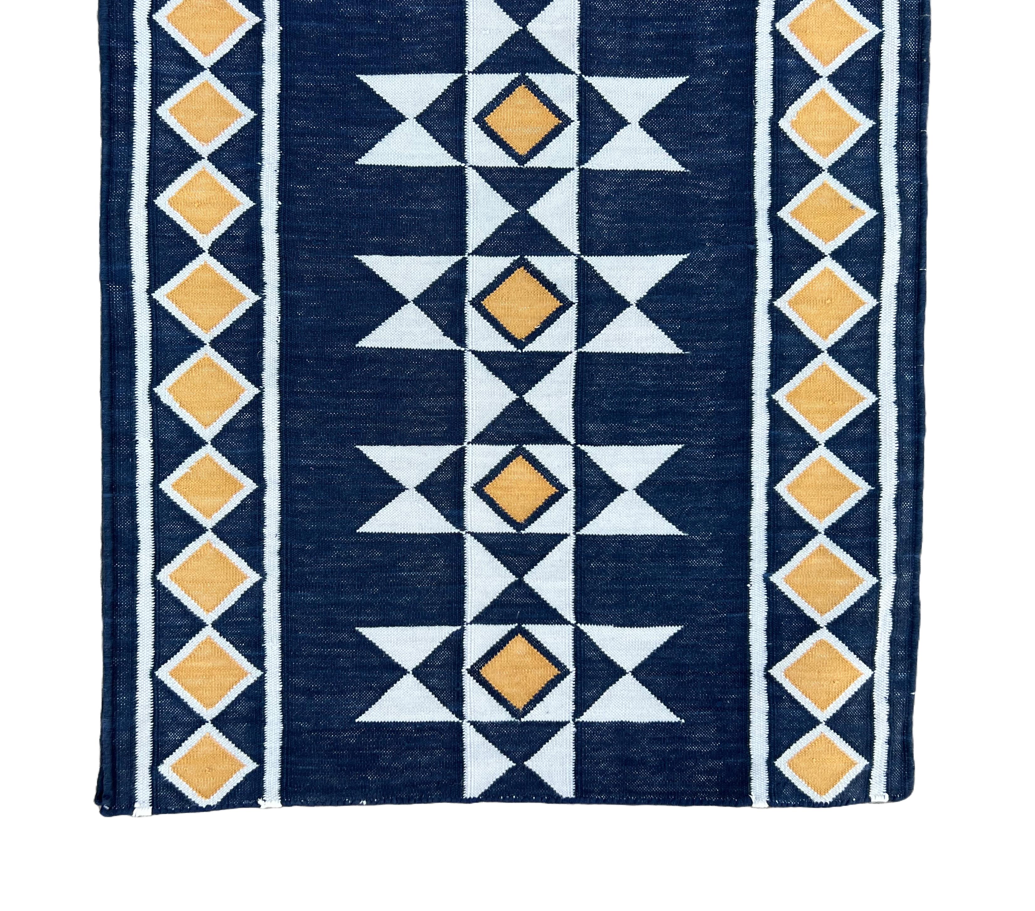 Handmade Cotton Area Flat Weave Runner, Blue And Yellow Geometric Indian Dhurrie For Sale 3