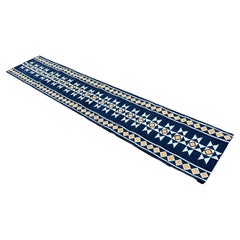 Handmade Cotton Area Flat Weave Runner, Blue And Yellow Geometric Indian Dhurrie