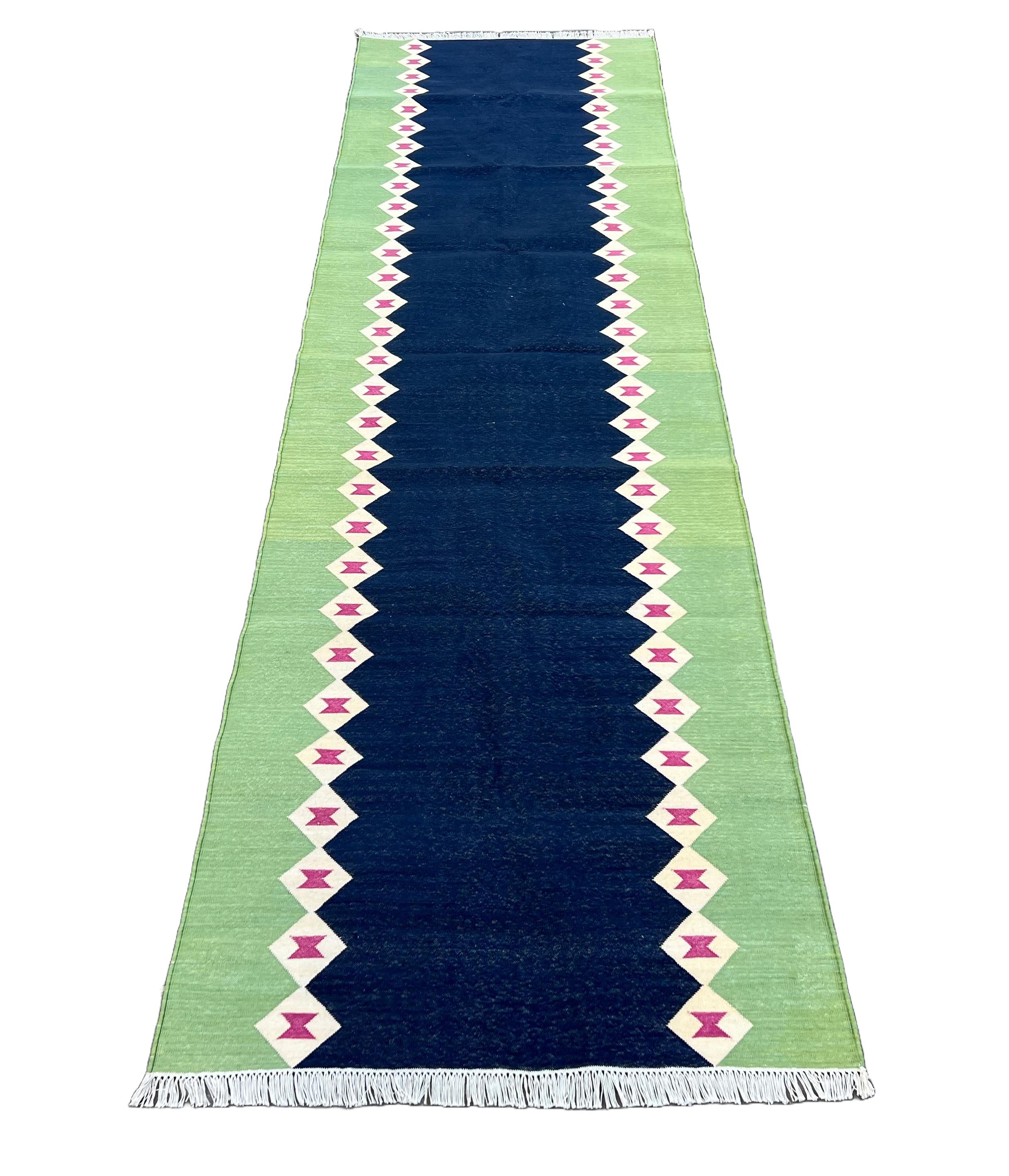 Handmade Cotton Area Flat Weave Runner, Blue & Green Diamond Indian Dhurrie Rug For Sale 4