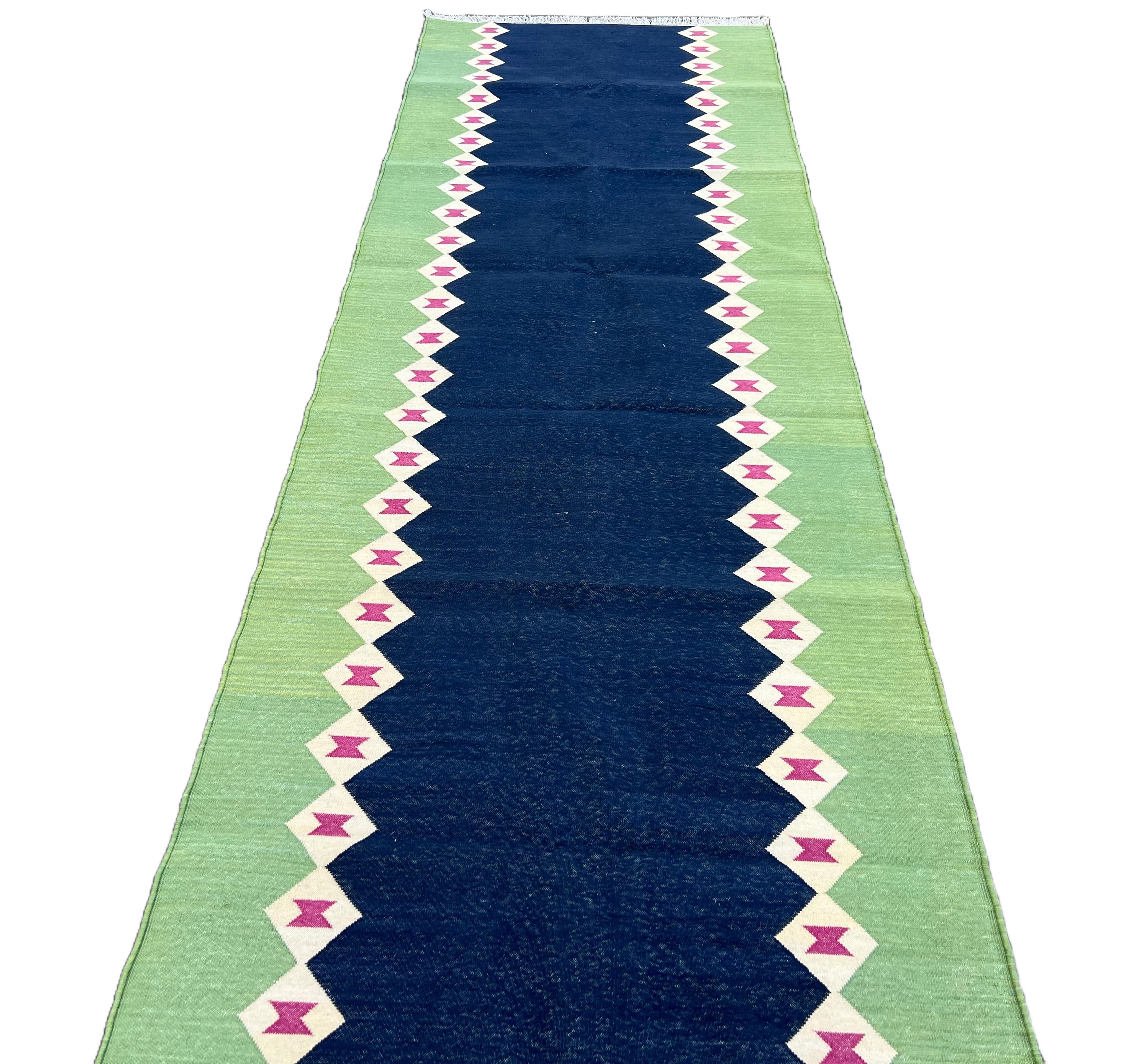 Handmade Cotton Area Flat Weave Runner, Blue & Green Diamond Indian Dhurrie Rug For Sale 5