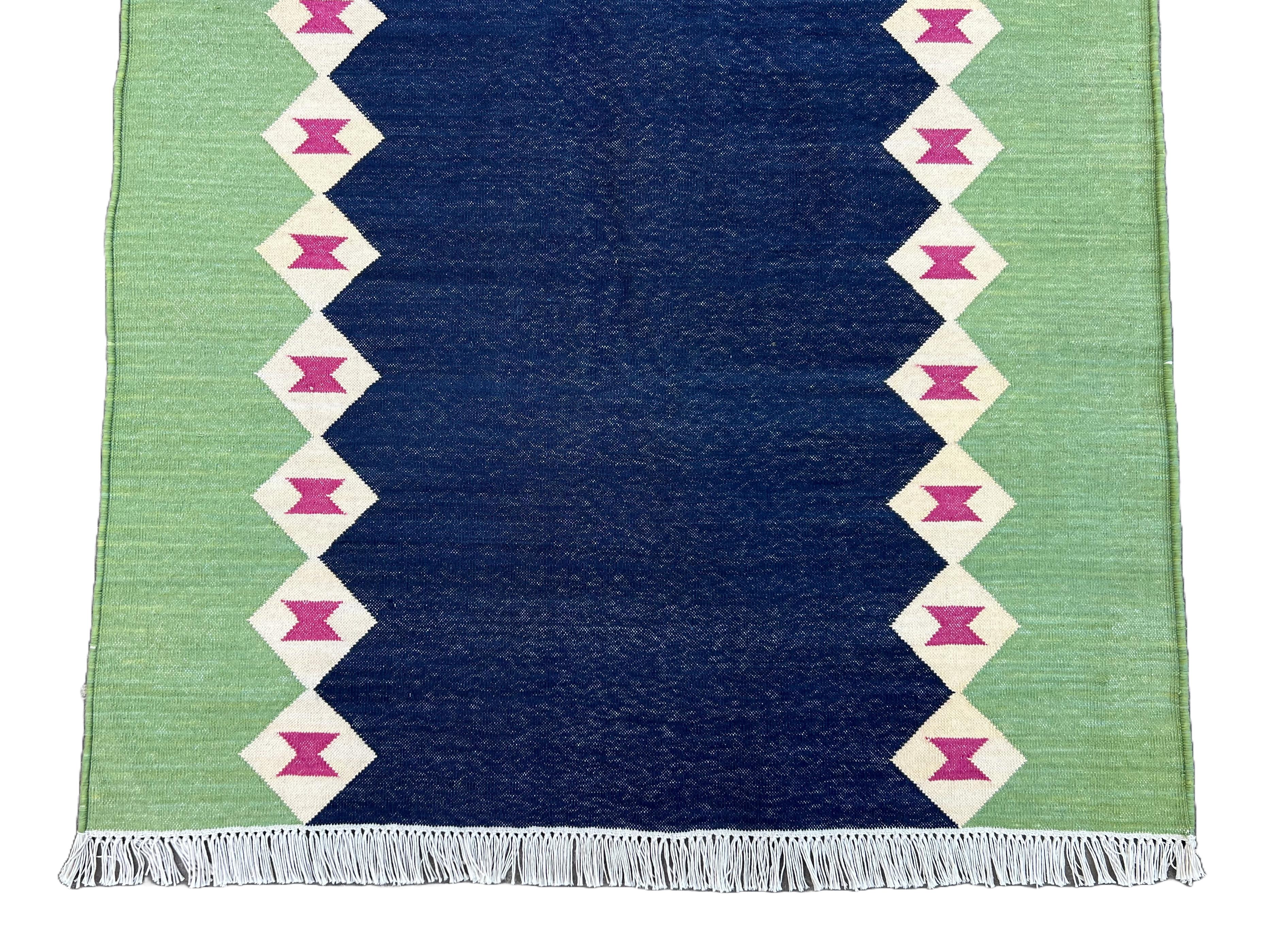 Cotton Natural Vegetable Dyed, Blue And Green Diamond Indian Dhurrie Runner-3'x10'
These special flat-weave dhurries are hand-woven with 15 ply 100% cotton yarn. Due to the special manufacturing techniques used to create our rugs, the size and color