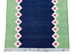 Handmade Cotton Area Flat Weave Runner, Blue & Green Diamond Indian Dhurrie Rug