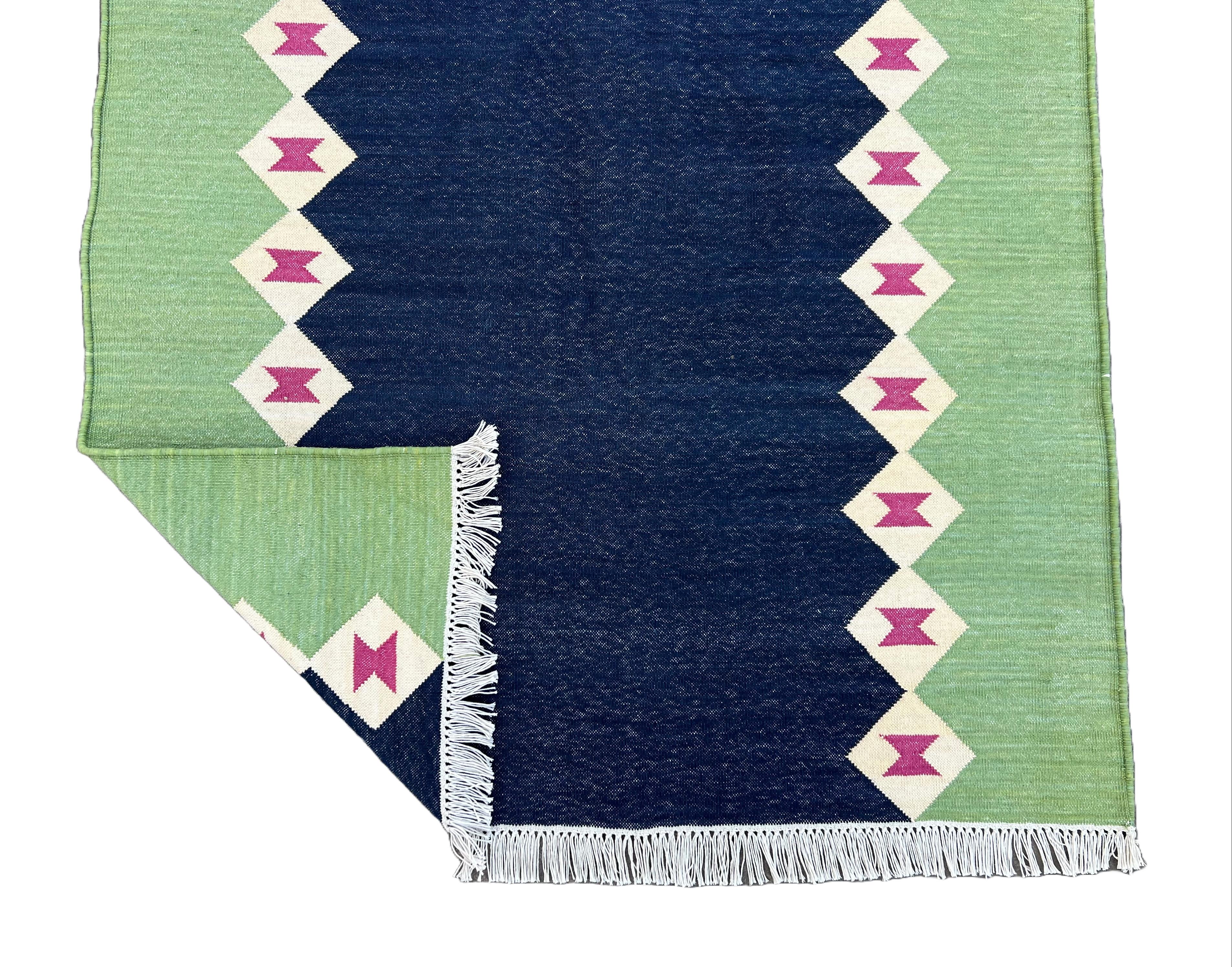 Mid-Century Modern Handmade Cotton Area Flat Weave Runner, Blue & Green Diamond Indian Dhurrie Rug For Sale