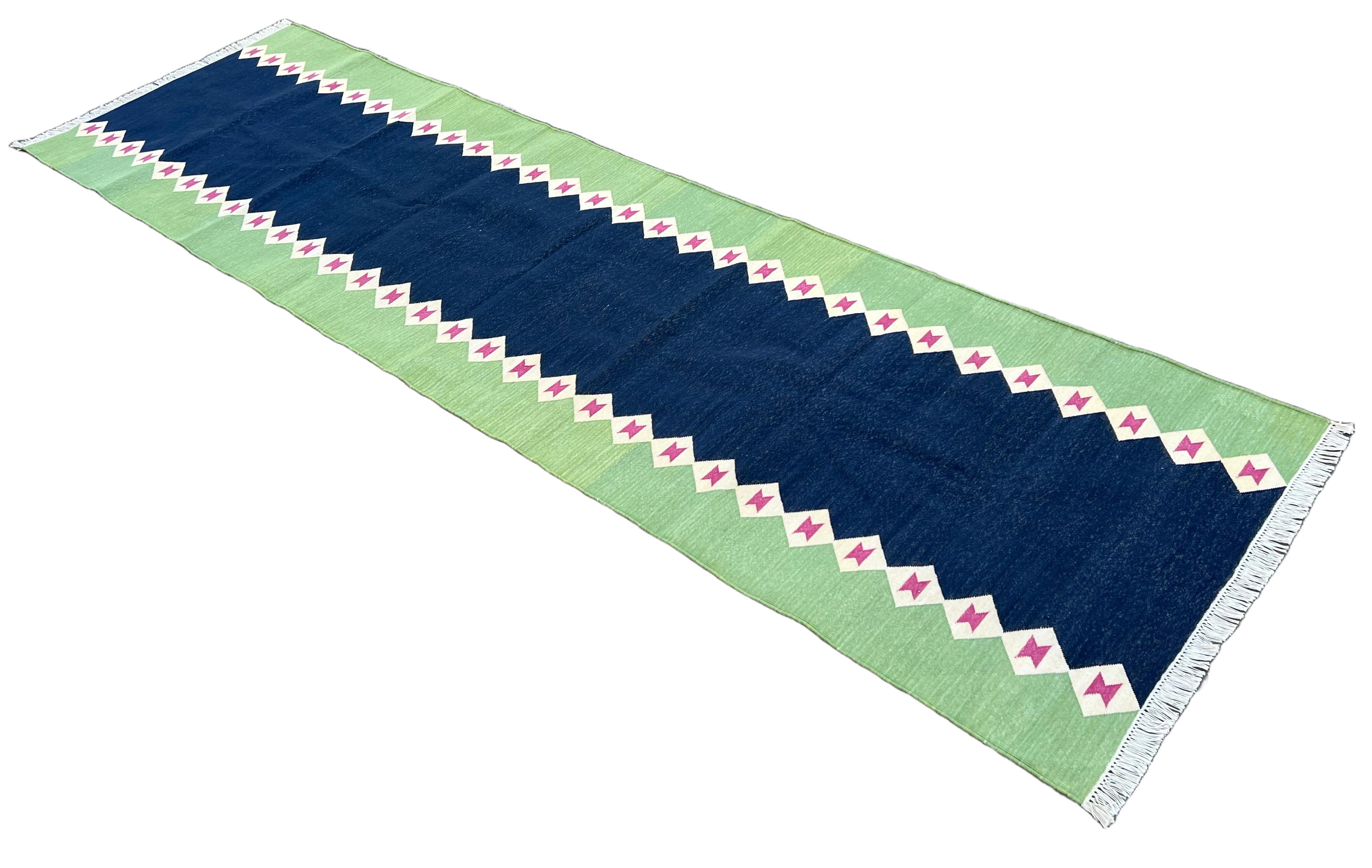 Hand-Woven Handmade Cotton Area Flat Weave Runner, Blue & Green Diamond Indian Dhurrie Rug For Sale