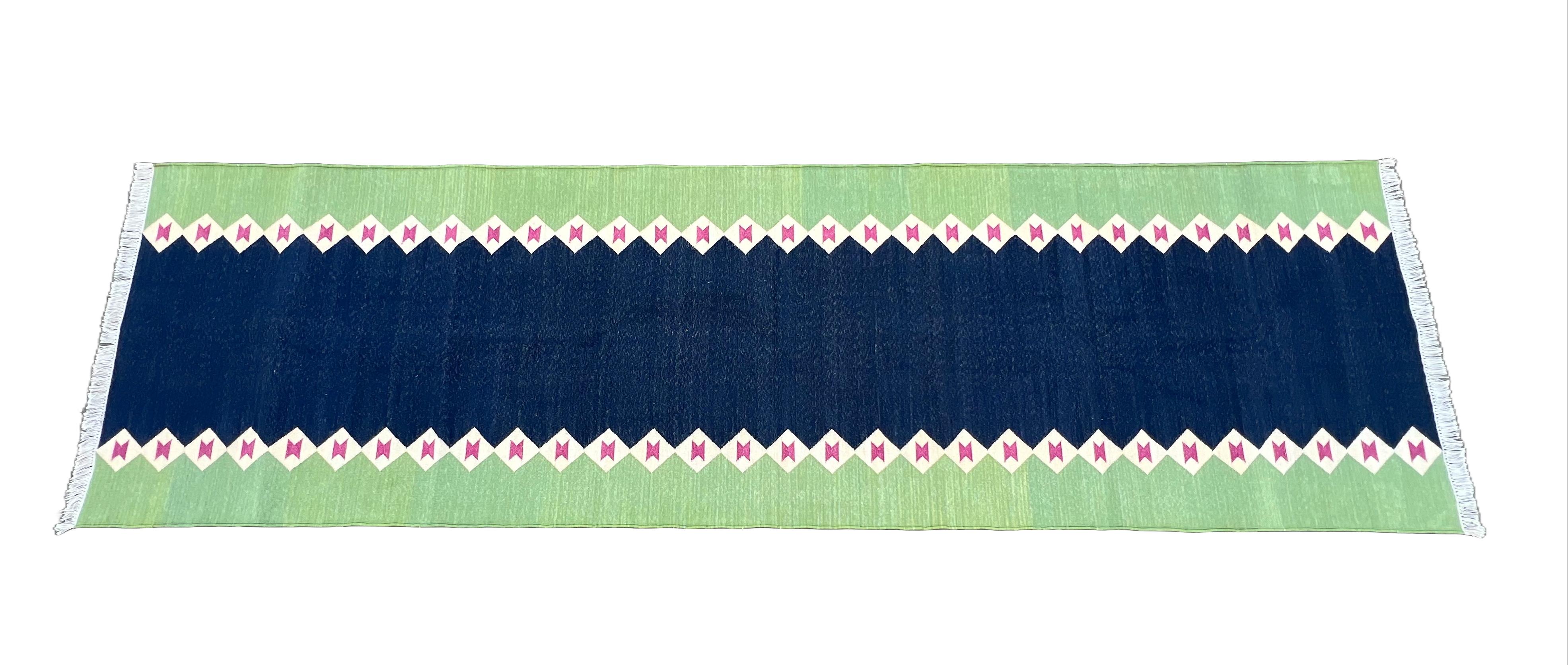 Handmade Cotton Area Flat Weave Runner, Blue & Green Diamond Indian Dhurrie Rug In New Condition For Sale In Jaipur, IN