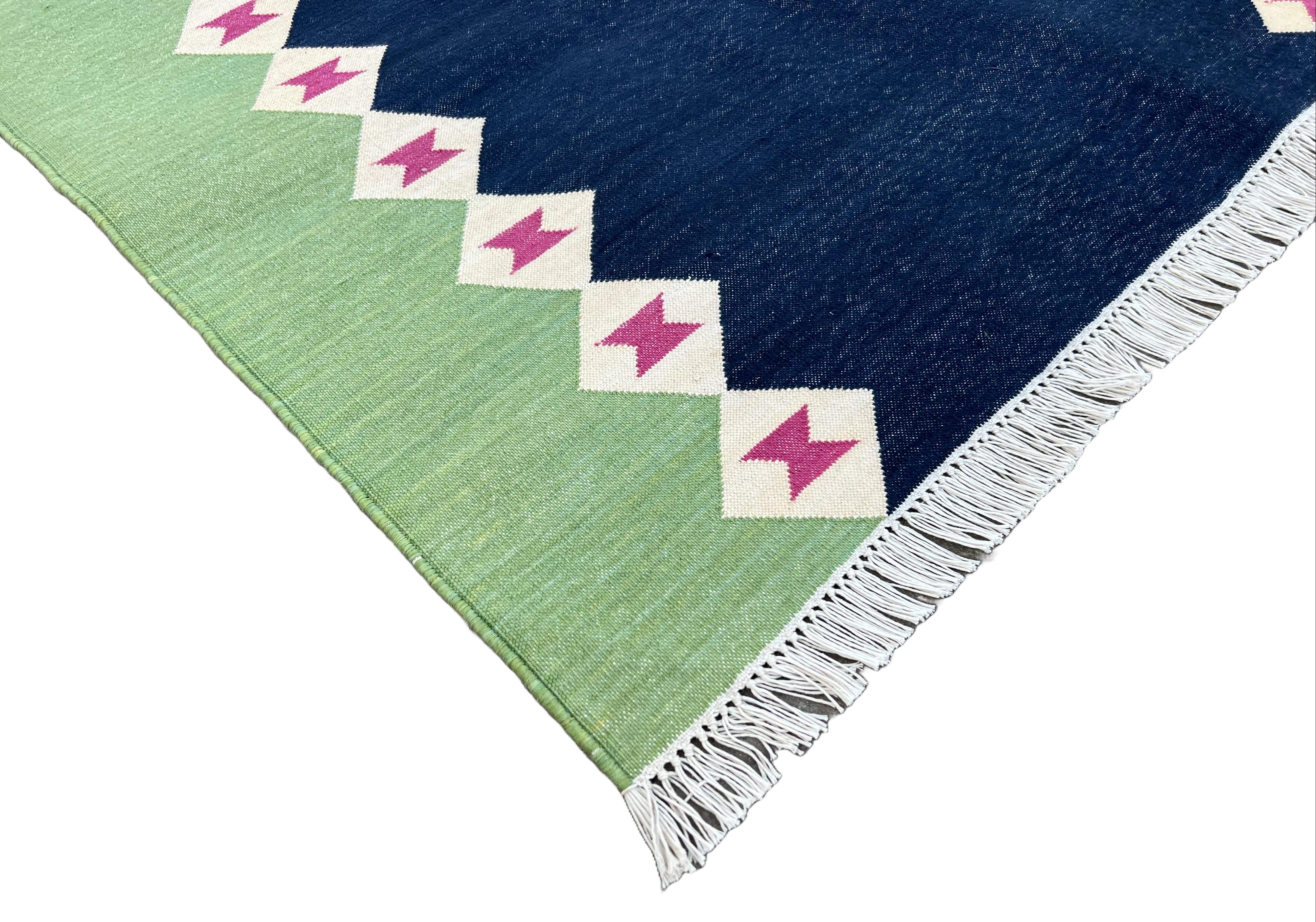 Contemporary Handmade Cotton Area Flat Weave Runner, Blue & Green Diamond Indian Dhurrie Rug For Sale