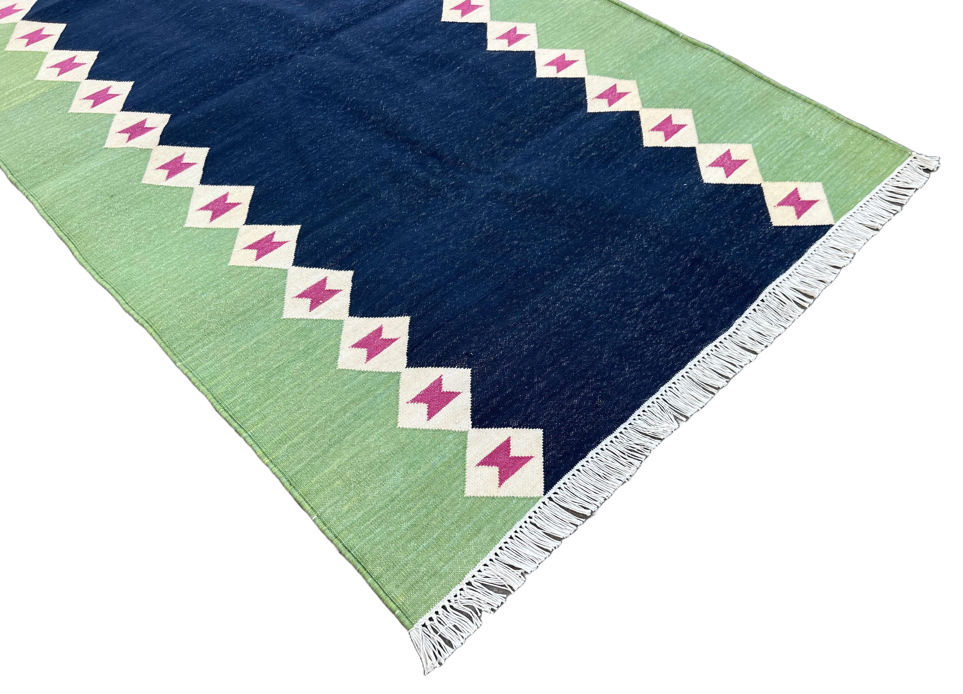 Handmade Cotton Area Flat Weave Runner, Blue & Green Diamond Indian Dhurrie Rug For Sale 1