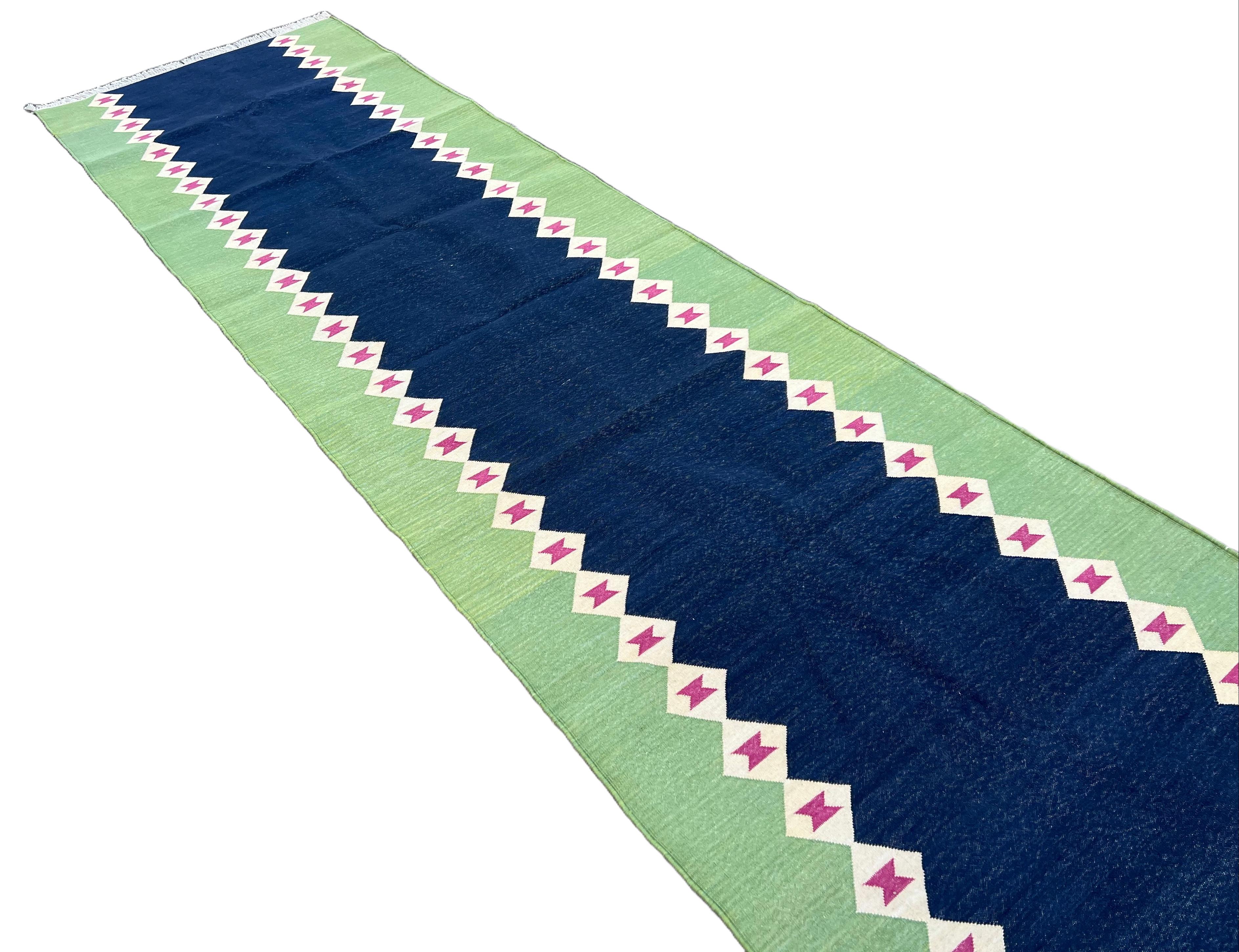 Handmade Cotton Area Flat Weave Runner, Blue & Green Diamond Indian Dhurrie Rug For Sale 2