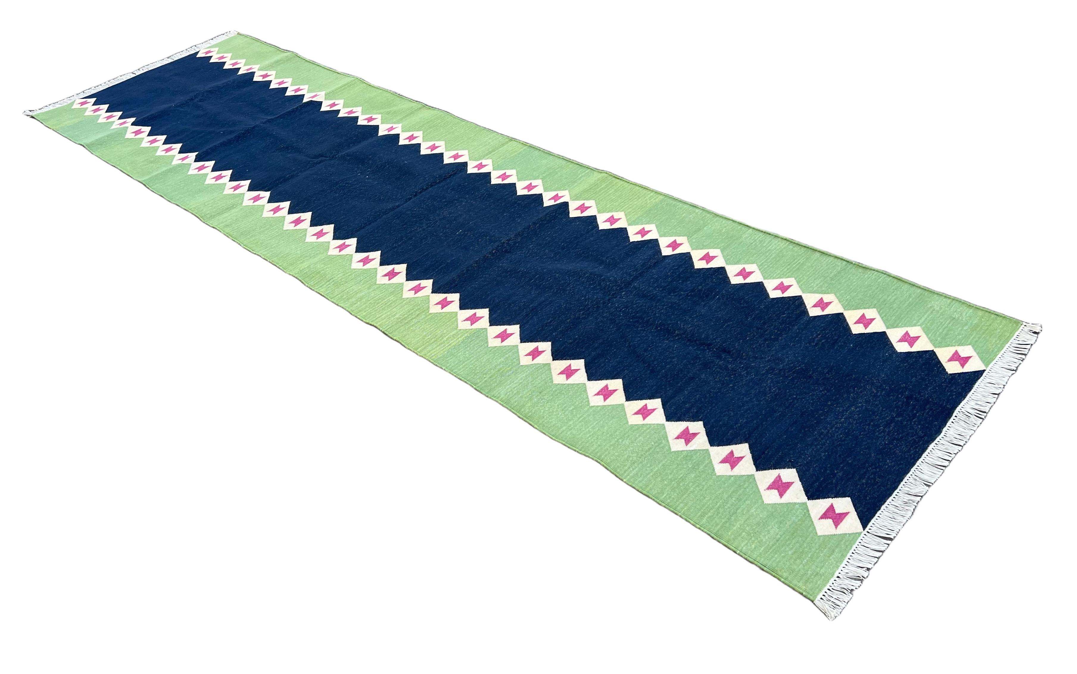 Handmade Cotton Area Flat Weave Runner, Blue & Green Diamond Indian Dhurrie Rug For Sale 3