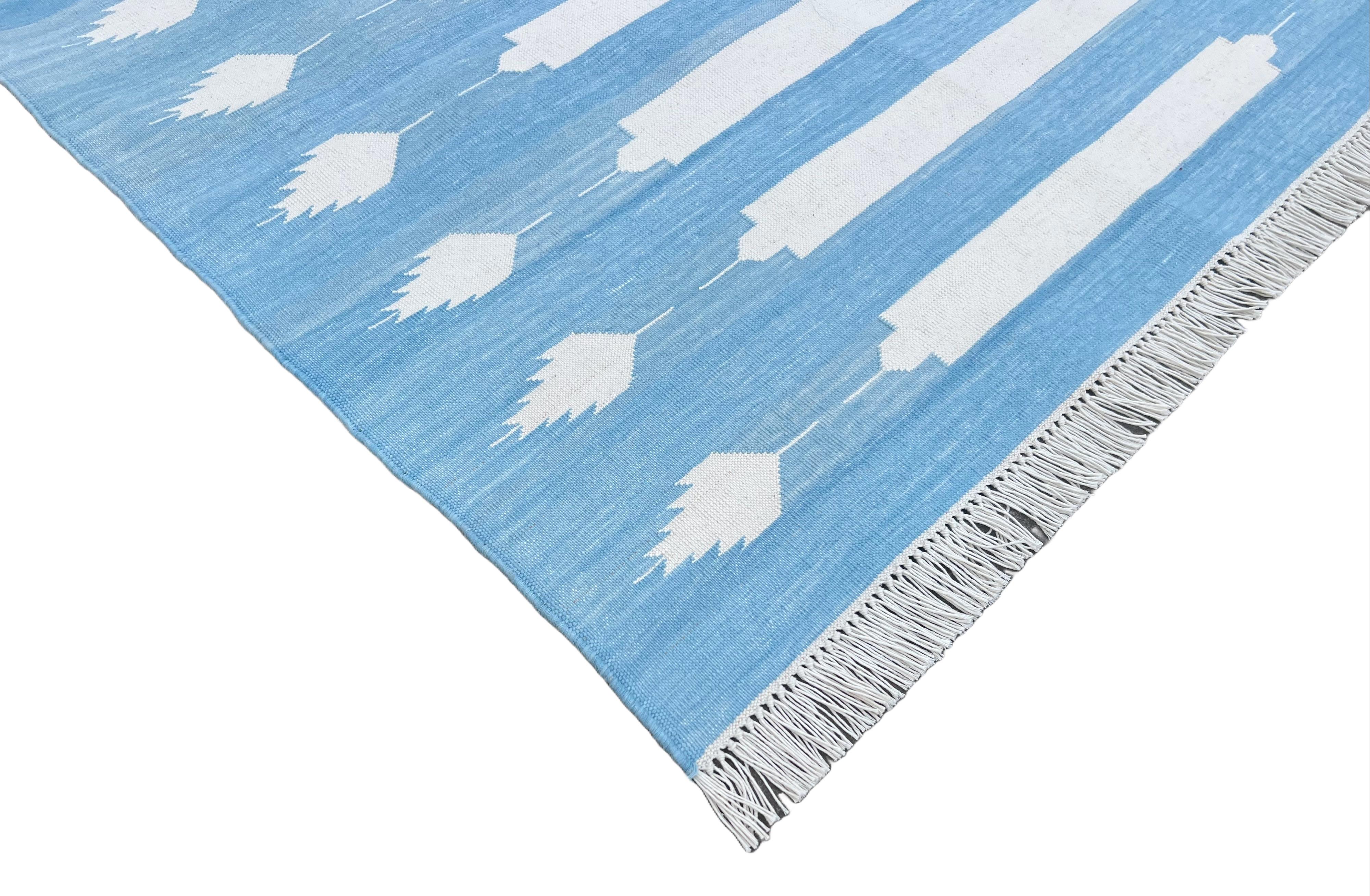 Handmade Cotton Area Flat Weave Runner, Blue & White Striped Indian Dhurrie Rug For Sale 4