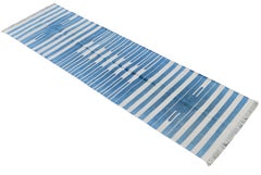 Handmade Cotton Area Flat Weave Runner, 3x10 Blue And White Striped Dhurrie Rug