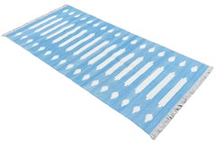Handmade Cotton Area Flat Weave Runner, Blue & White Striped Indian Dhurrie Rug