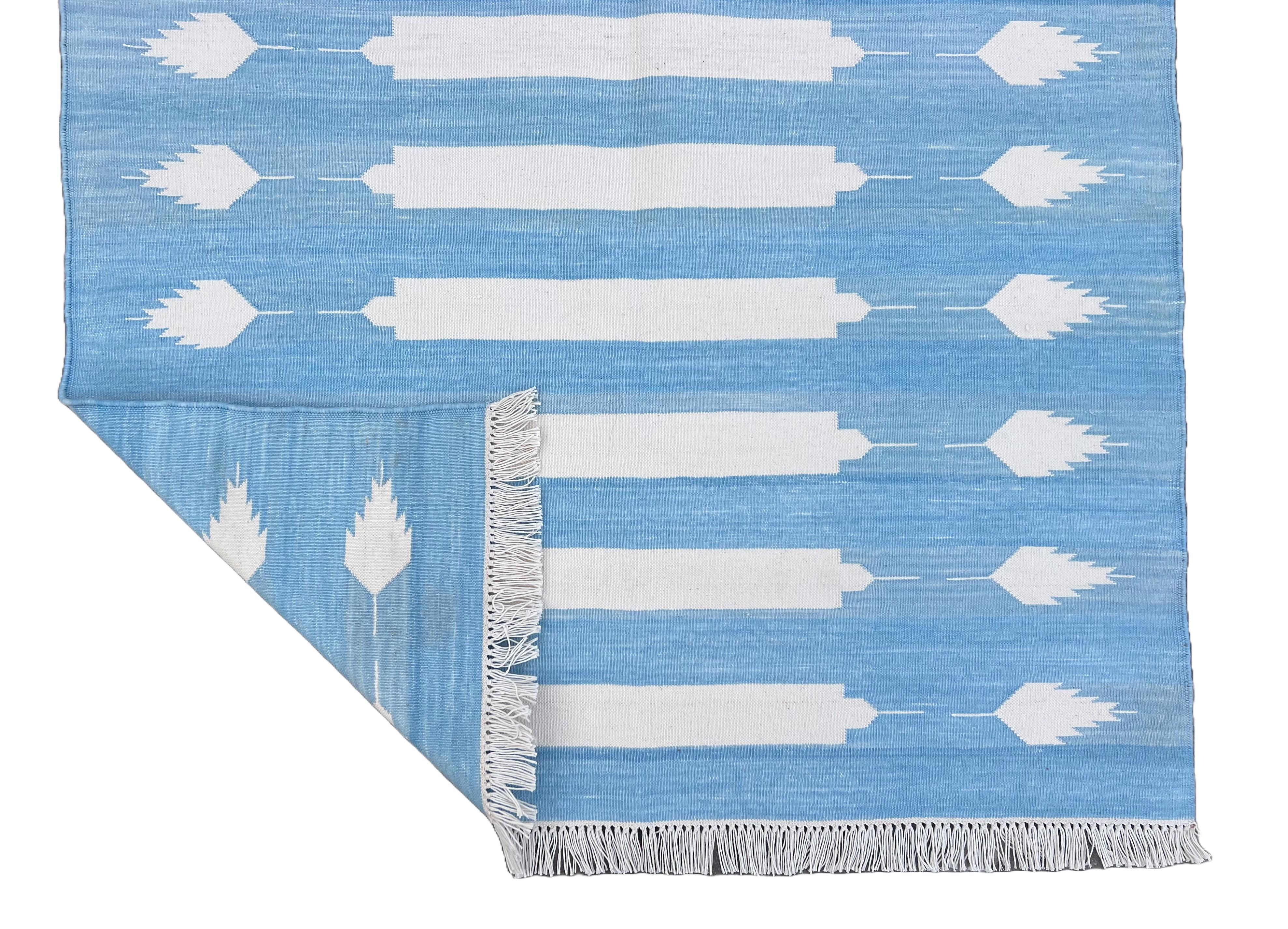 Contemporary Handmade Cotton Area Flat Weave Runner, Blue & White Striped Indian Dhurrie Rug For Sale