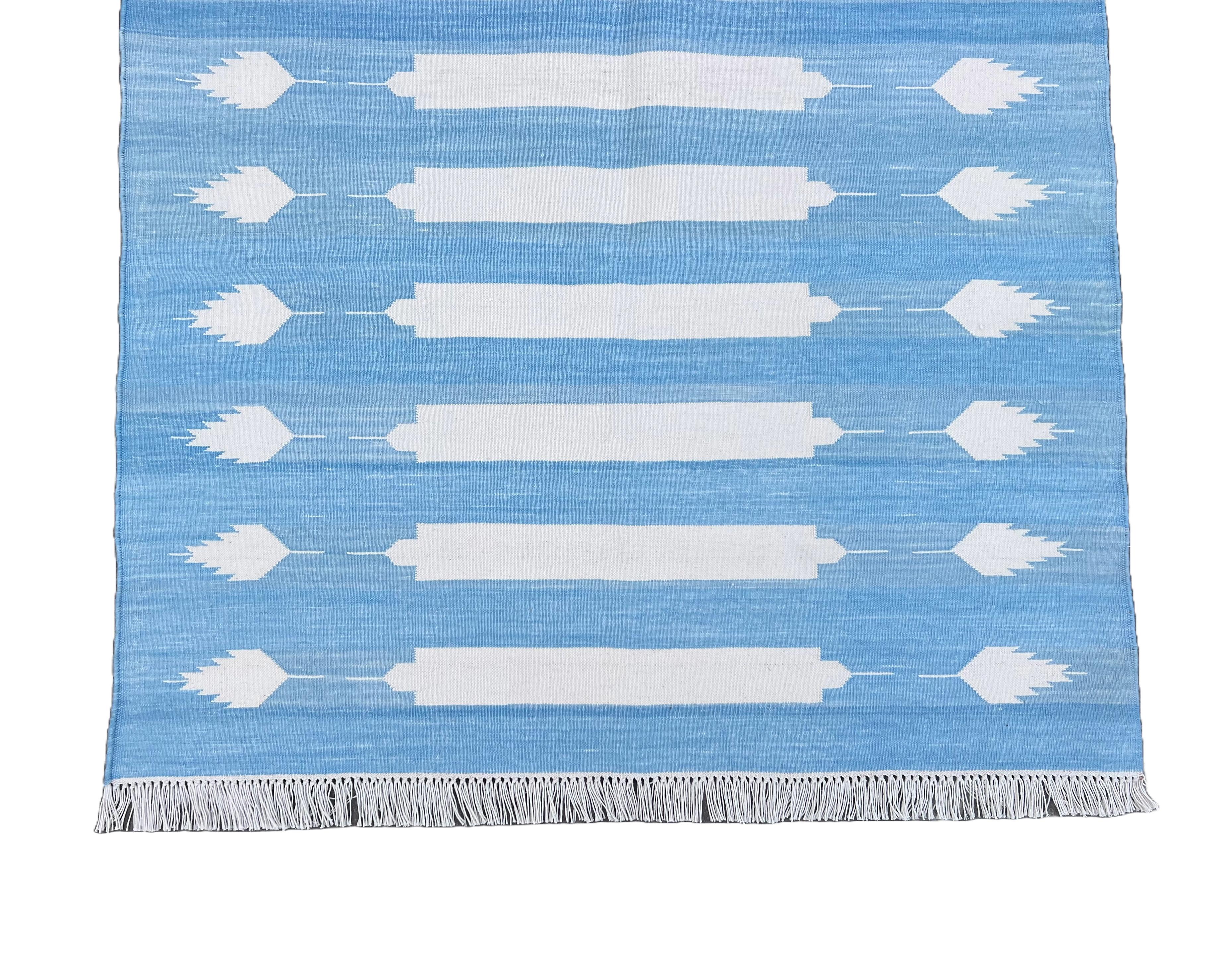 Handmade Cotton Area Flat Weave Runner, Blue & White Striped Indian Dhurrie Rug For Sale 1