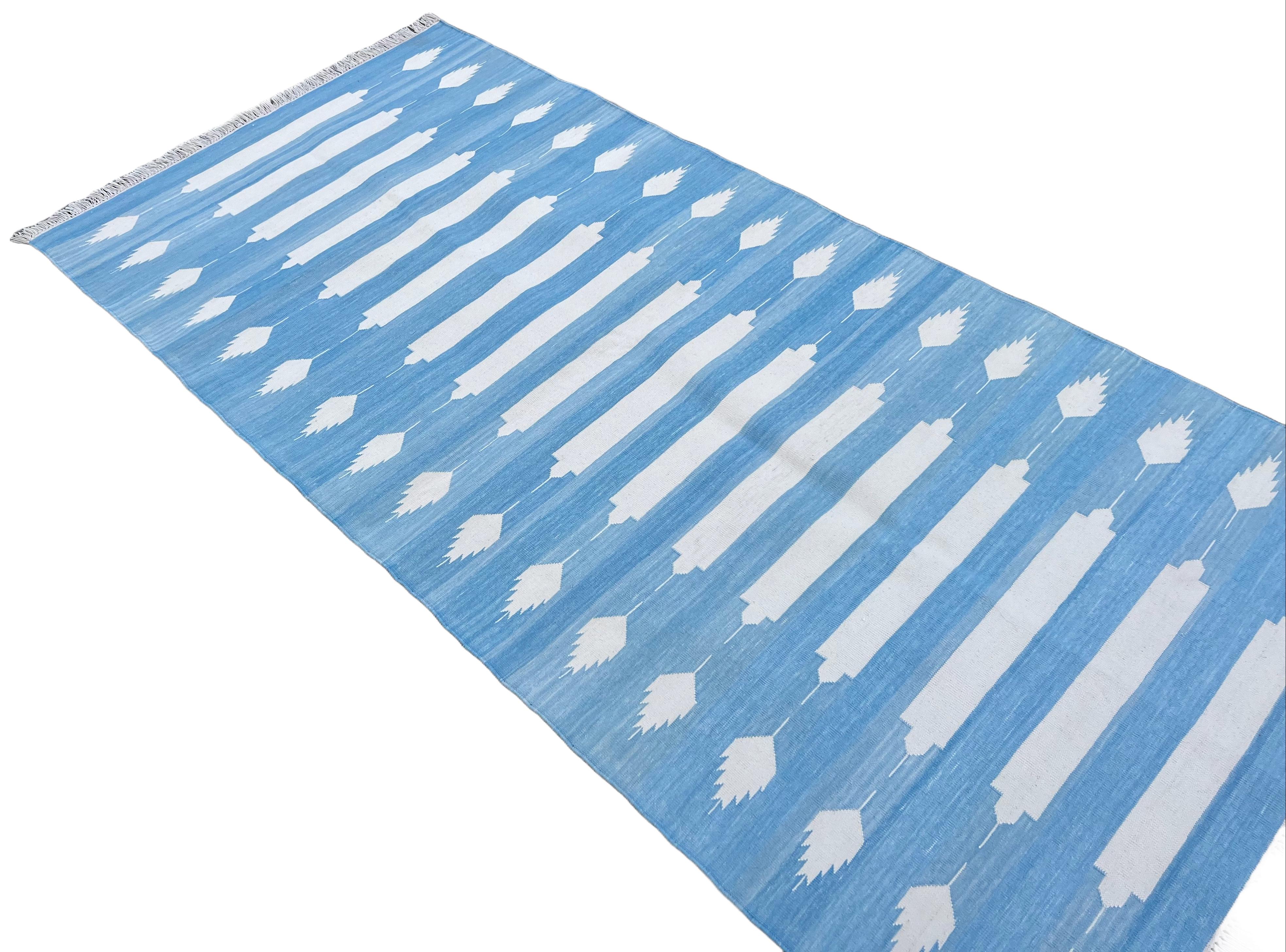 Handmade Cotton Area Flat Weave Runner, Blue & White Striped Indian Dhurrie Rug For Sale 2