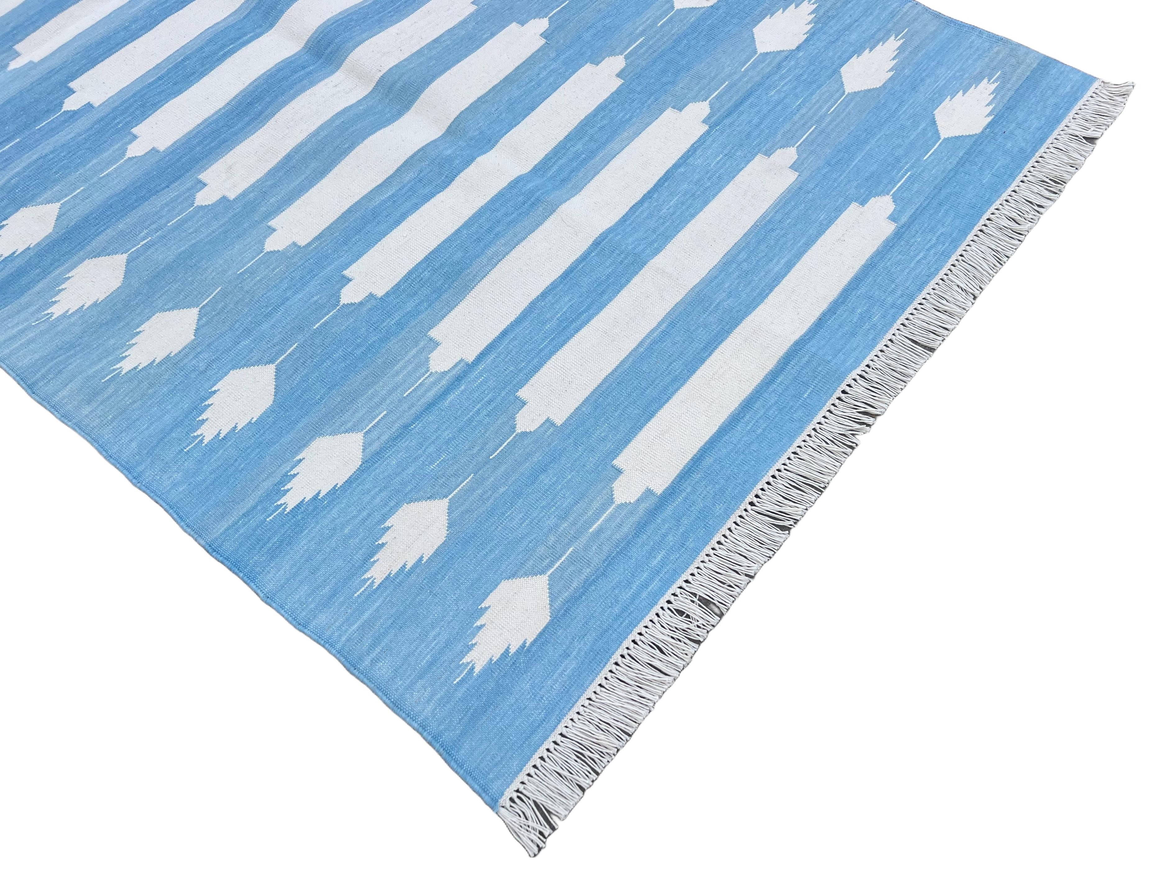 Handmade Cotton Area Flat Weave Runner, Blue & White Striped Indian Dhurrie Rug For Sale 3