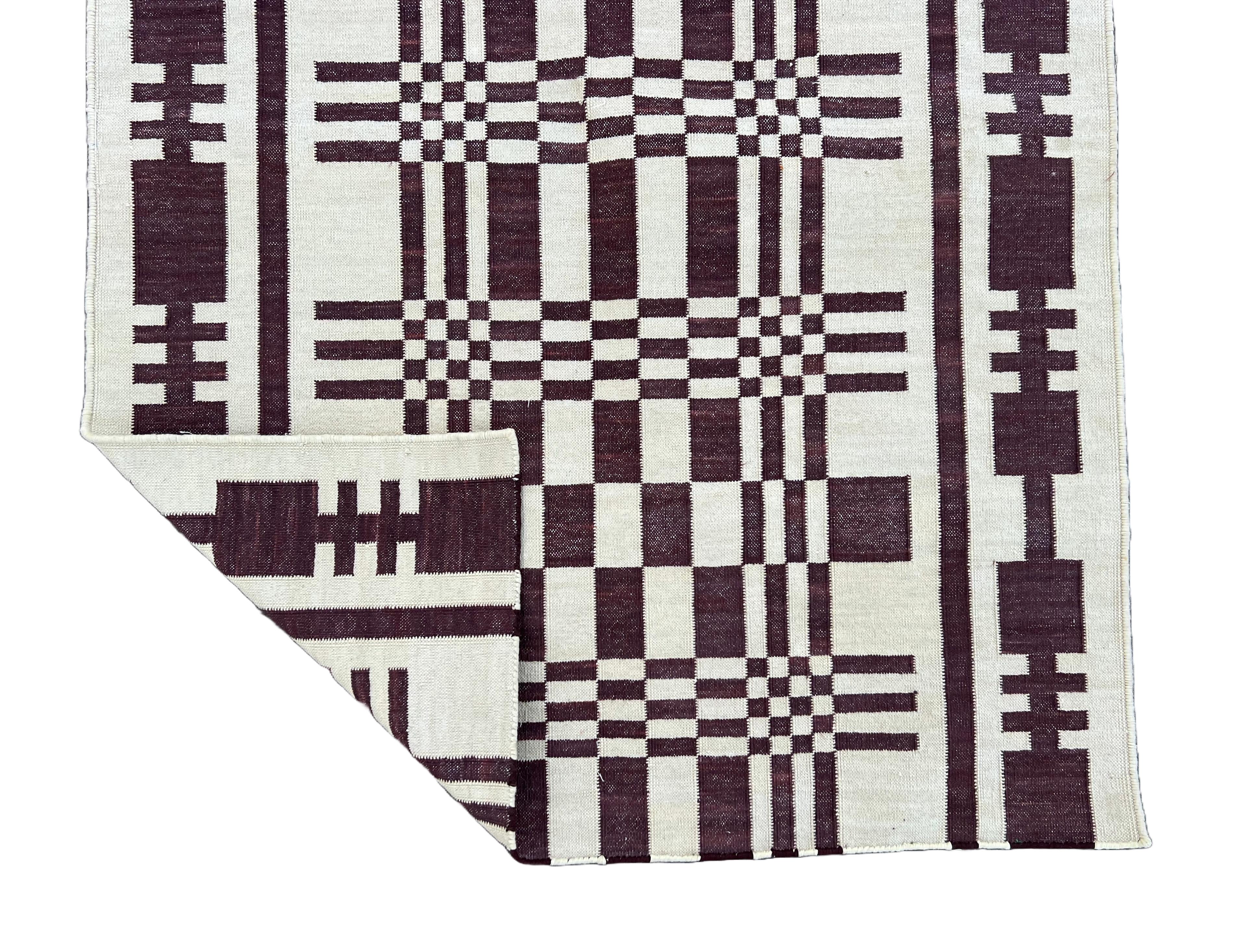 Handmade Cotton Area Flat Weave Runner, Brown And White Geometric Indian Dhurrie For Sale 4