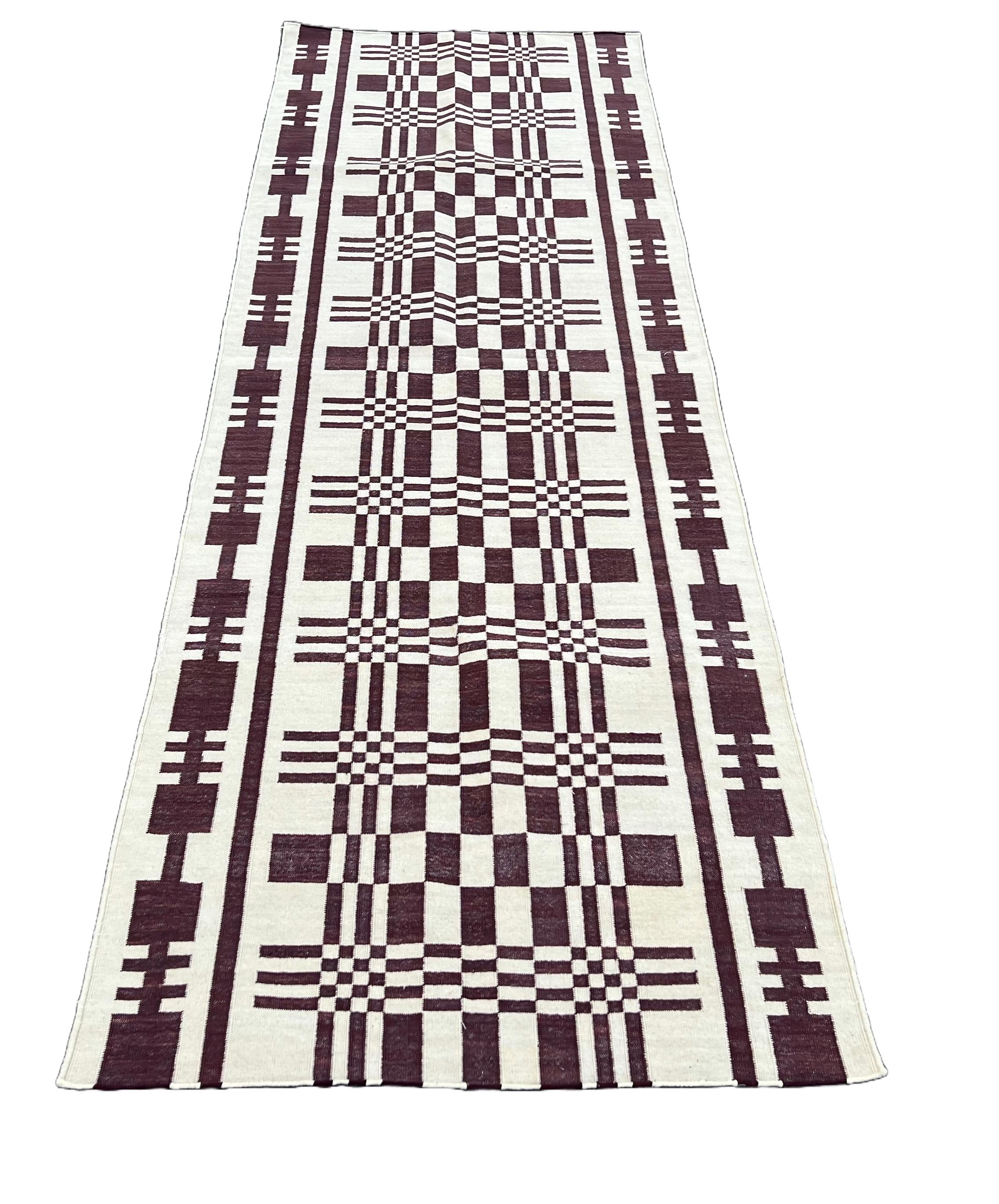 Cotton Natural Vegetable Dyed, Cream And Brown Geometric Indian Dhurrie Runner-3'x12'
These special flat-weave dhurries are hand-woven with 15 ply 100% cotton yarn. Due to the special manufacturing techniques used to create our rugs, the size and