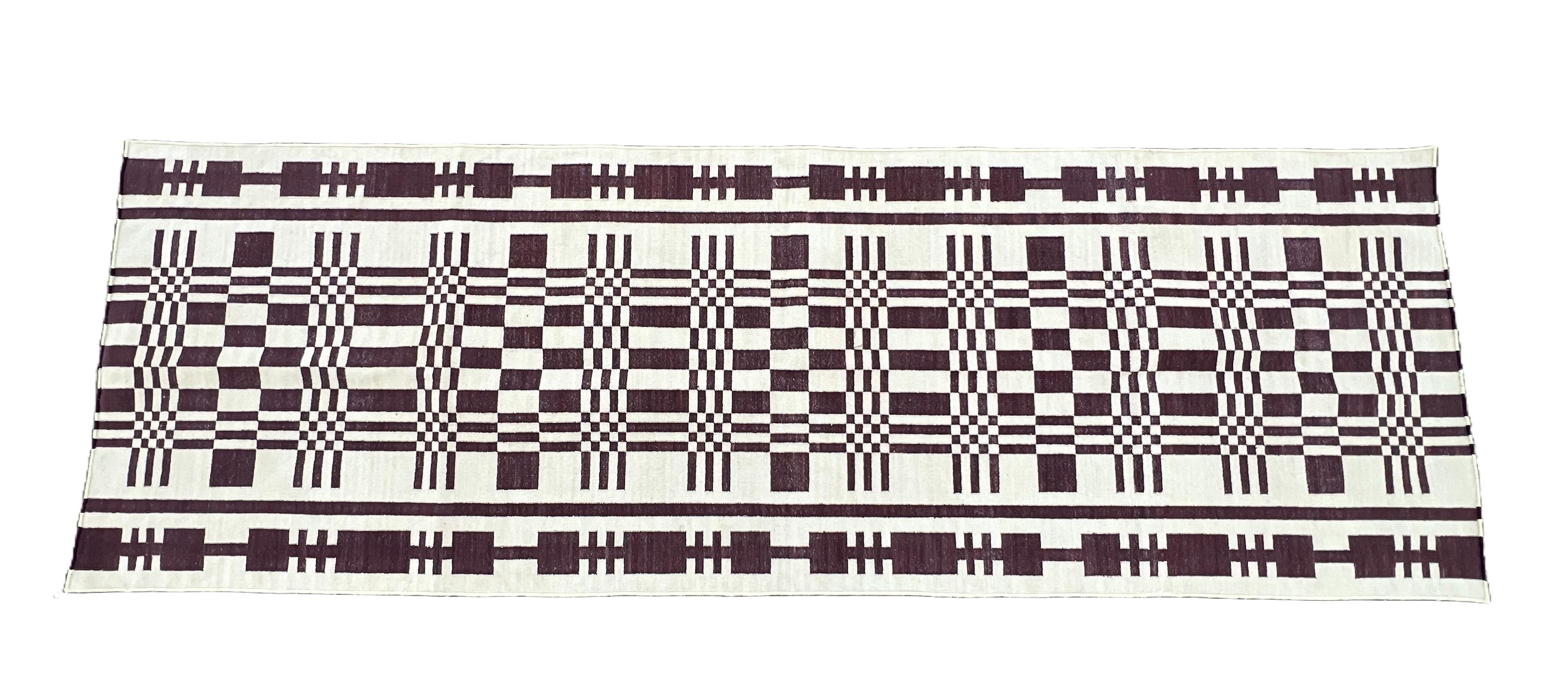 Hand-Woven Handmade Cotton Area Flat Weave Runner, Brown And White Geometric Indian Dhurrie For Sale