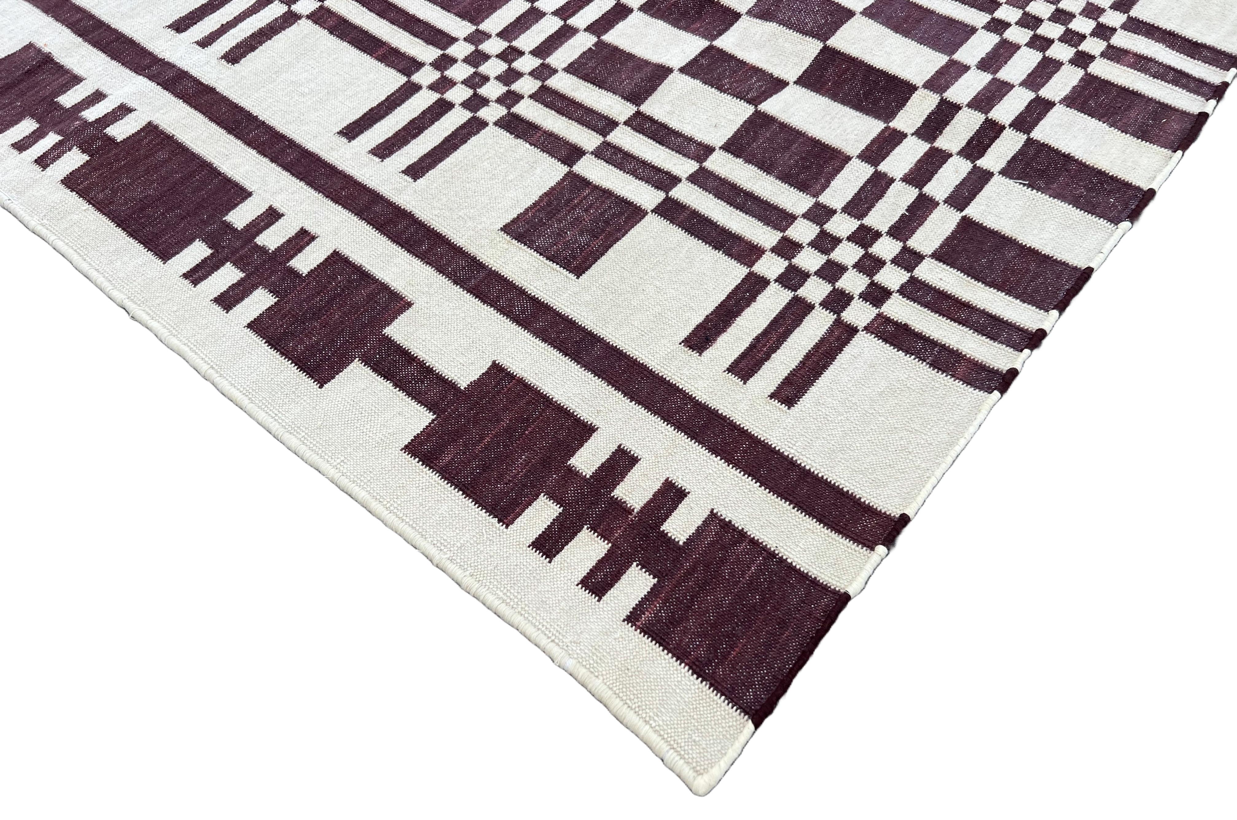 Contemporary Handmade Cotton Area Flat Weave Runner, Brown And White Geometric Indian Dhurrie For Sale