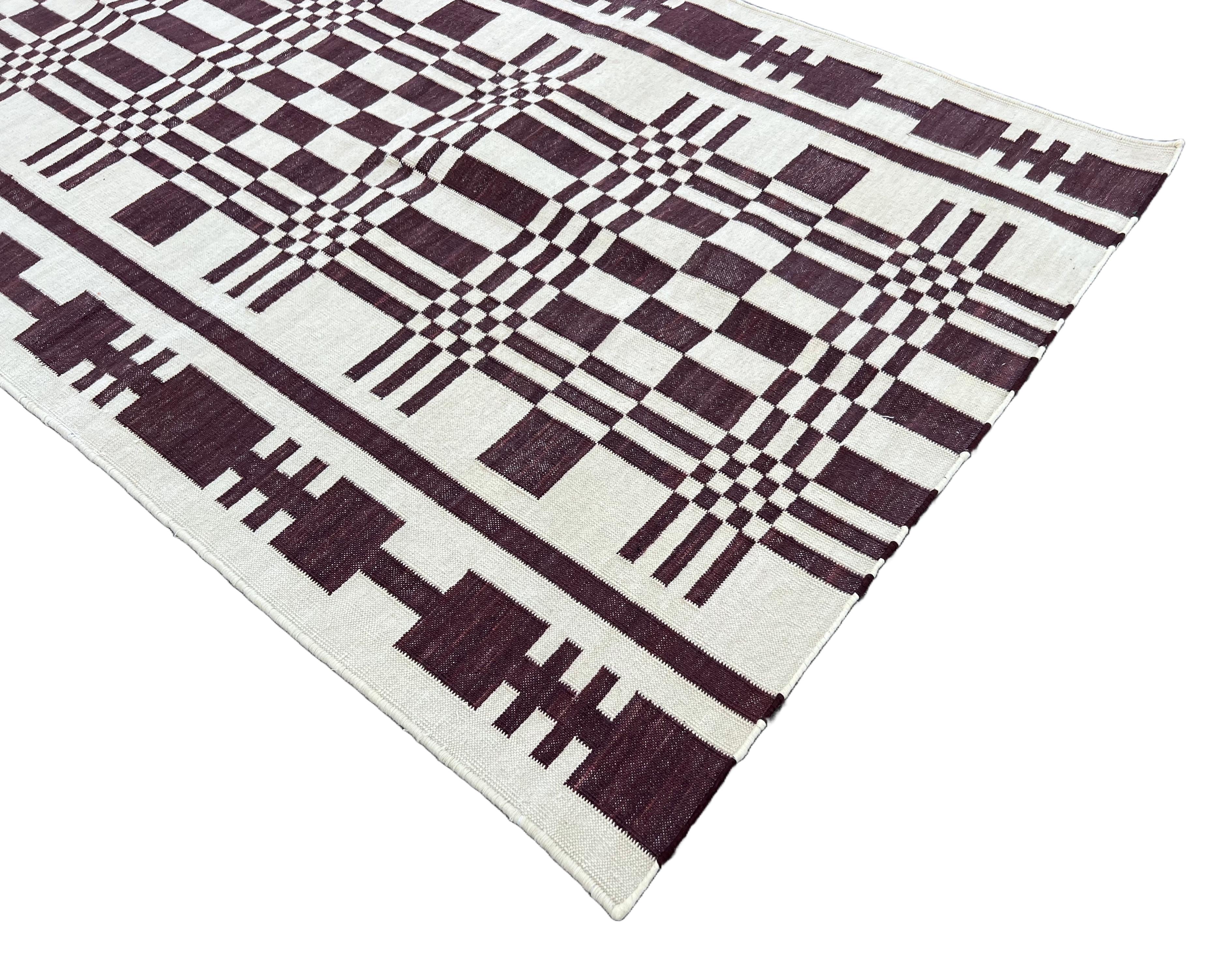 Handmade Cotton Area Flat Weave Runner, Brown And White Geometric Indian Dhurrie For Sale 1