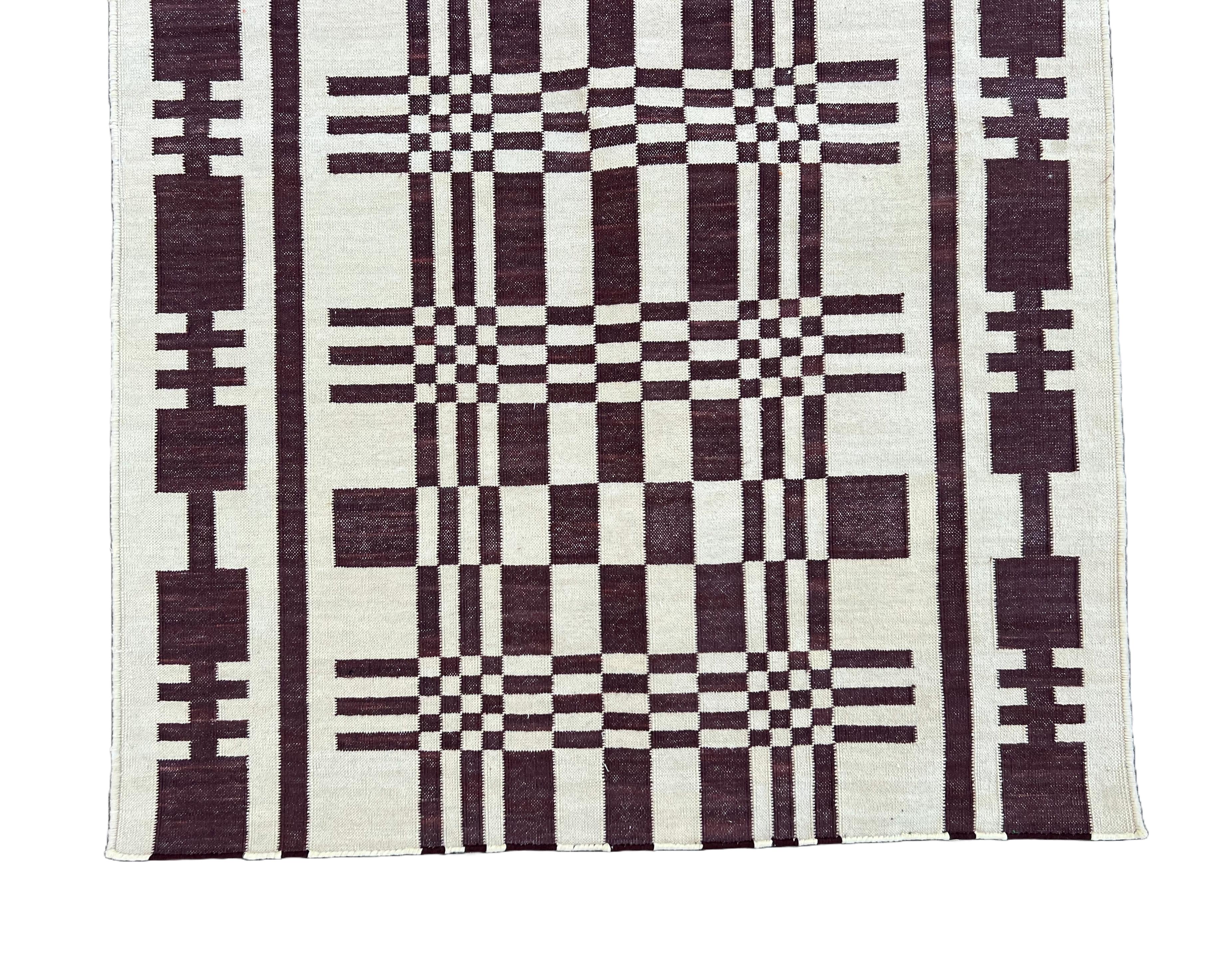 Handmade Cotton Area Flat Weave Runner, Brown And White Geometric Indian Dhurrie For Sale 3
